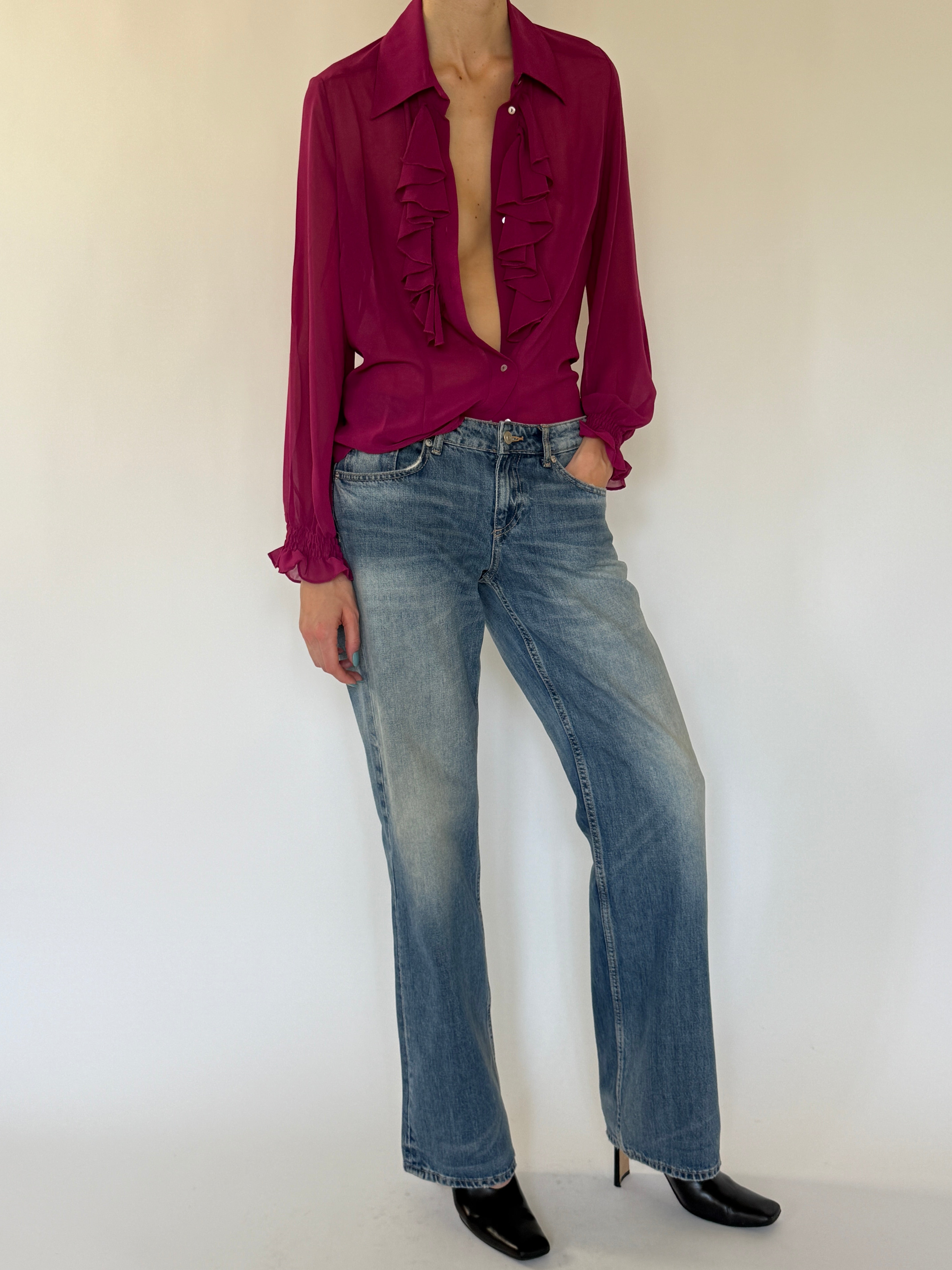 Vintage sheer ruffle blouse angled view