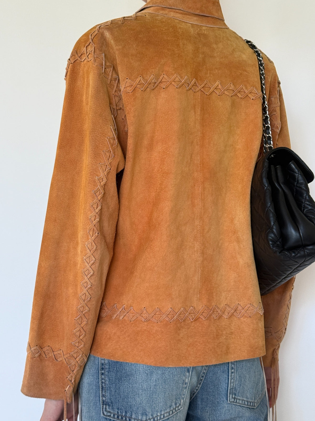 Vintage burnt orange suede leather jacket woven leather detail