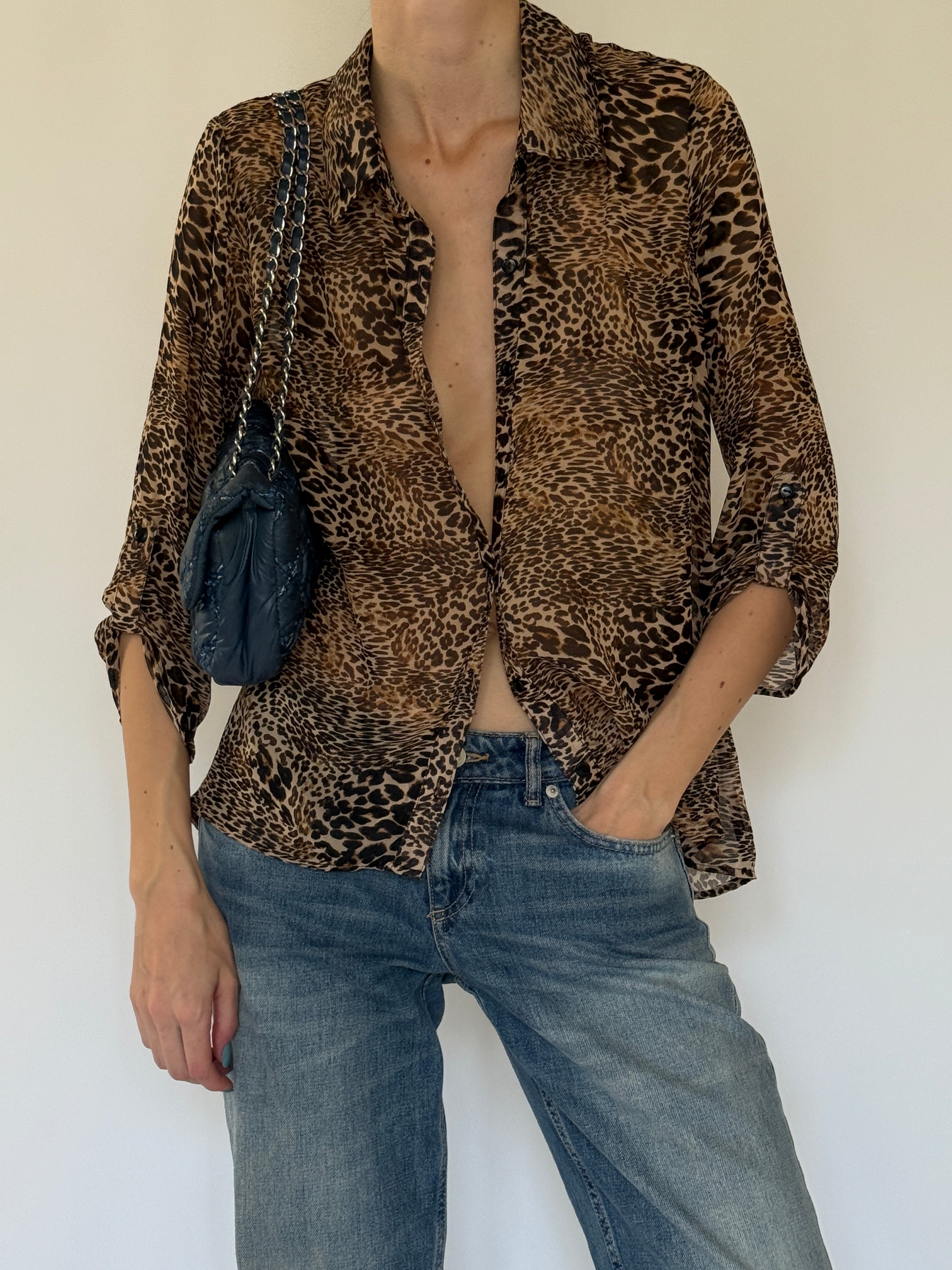 Vintage leopard print button-up shirt close-up