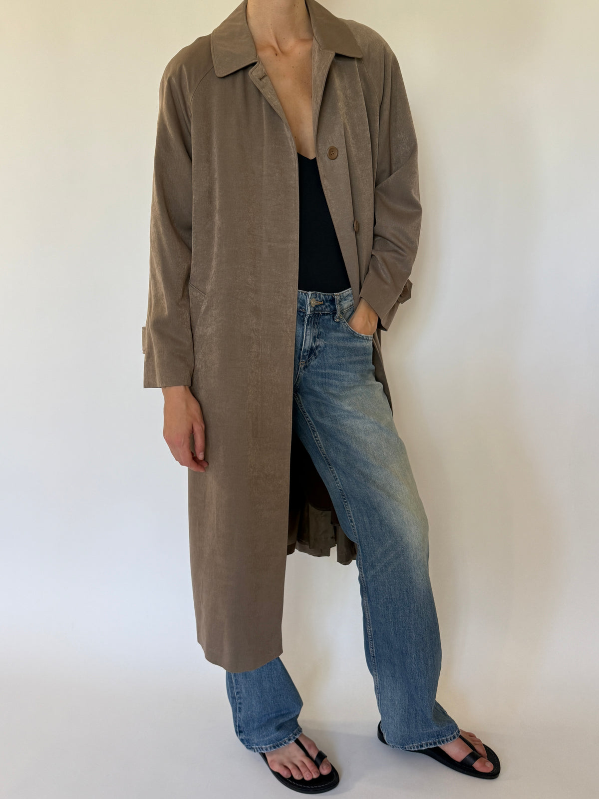 Vintage taupe long coat side view