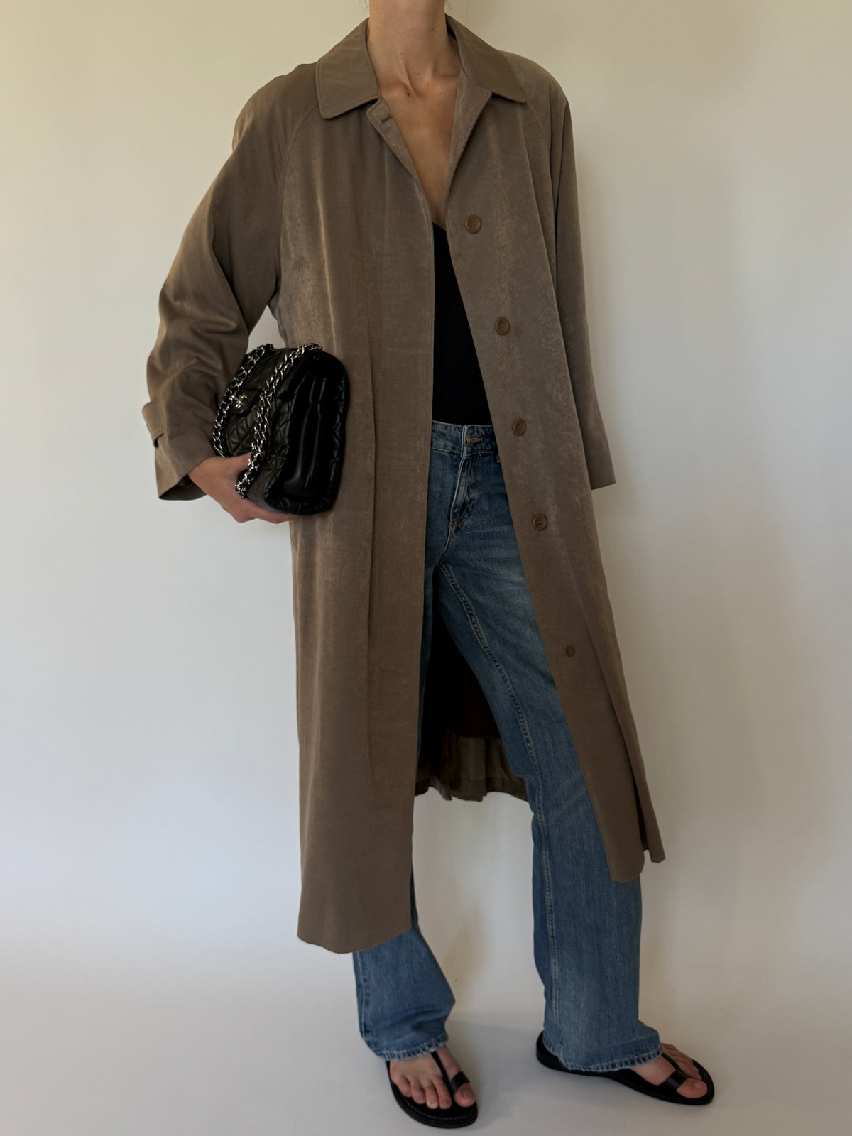 Vintage taupe long coat front view