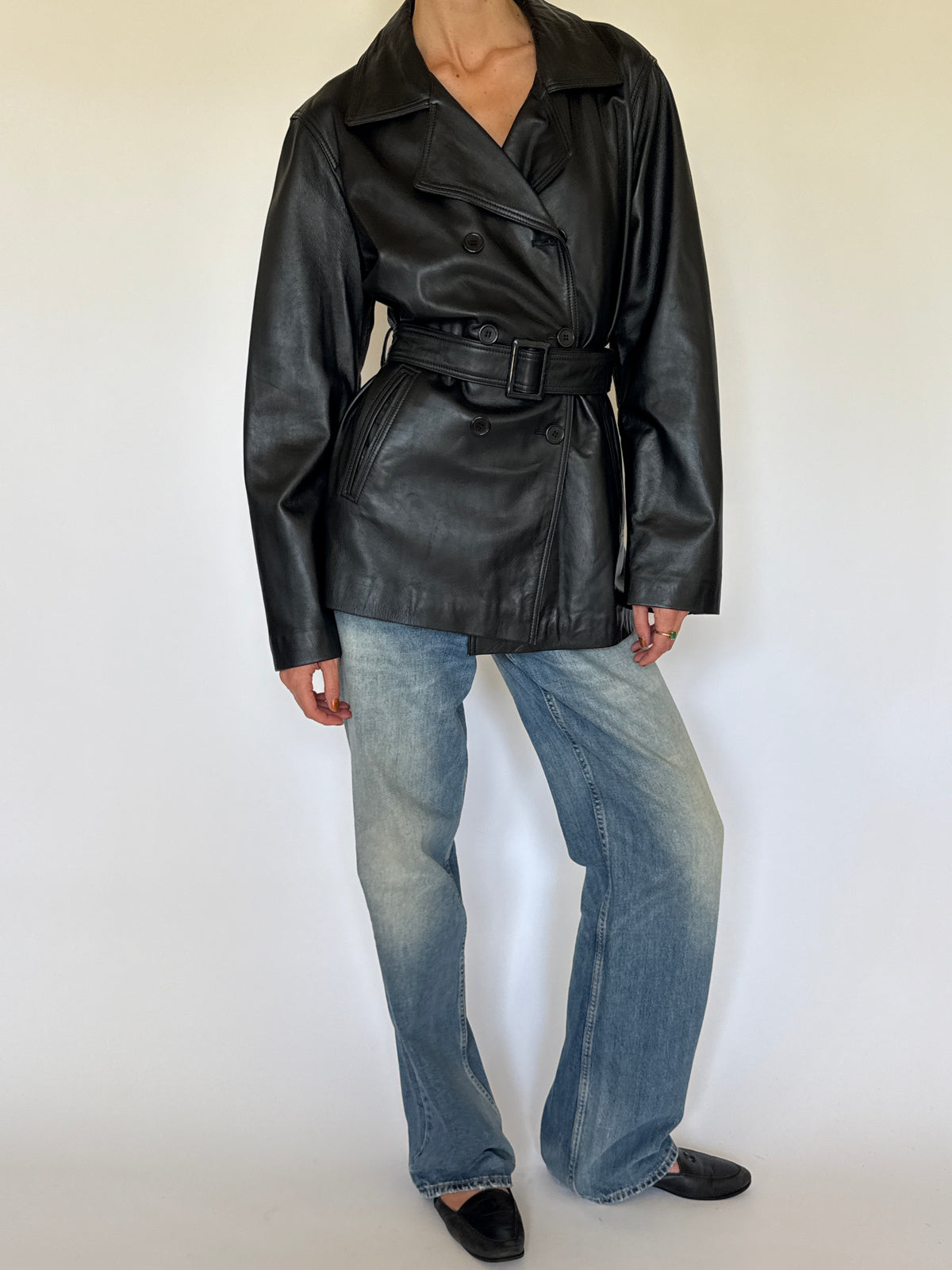 Vintage black leather jacket front view