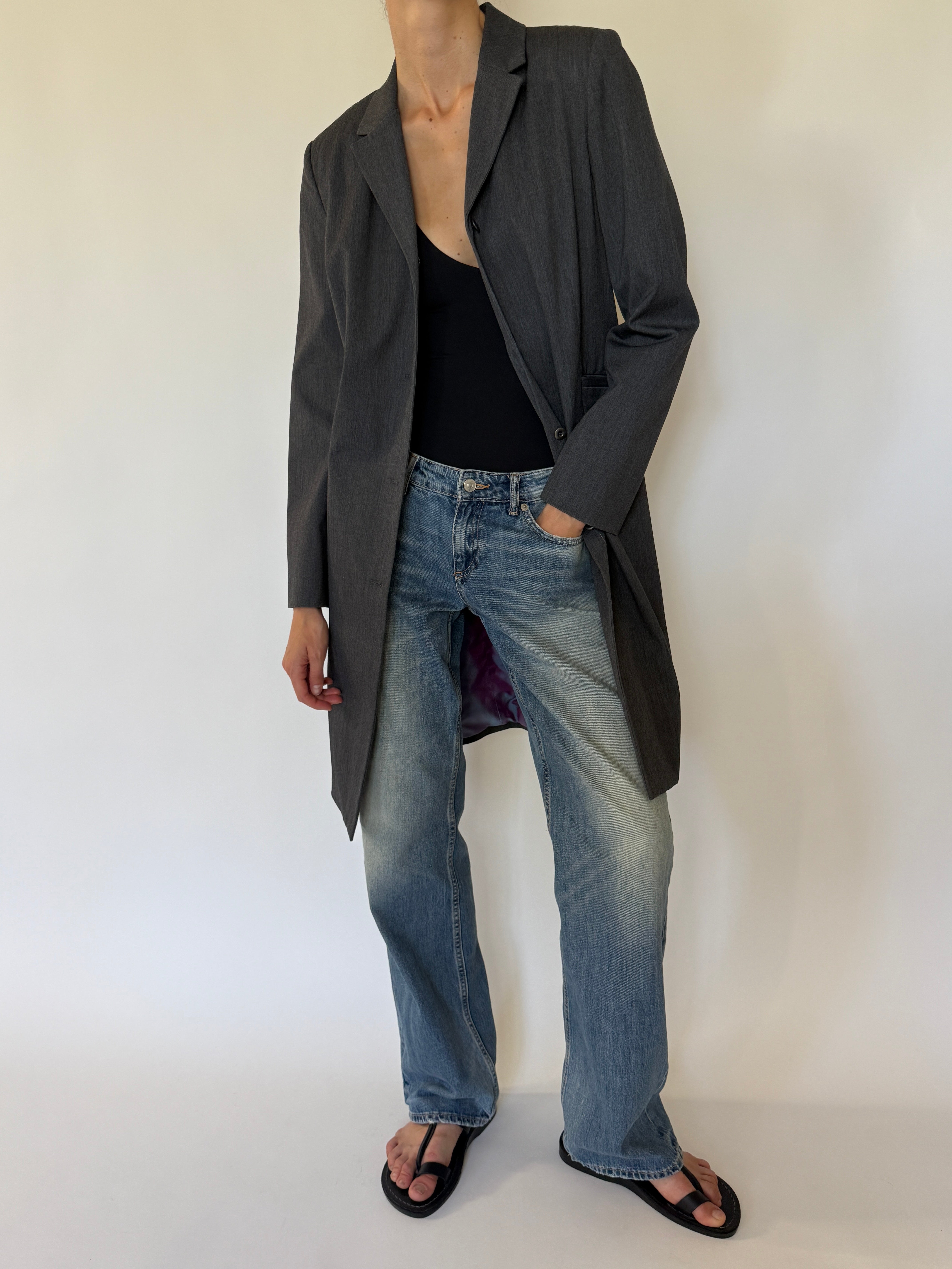 Vintage charcoal longline coat front view