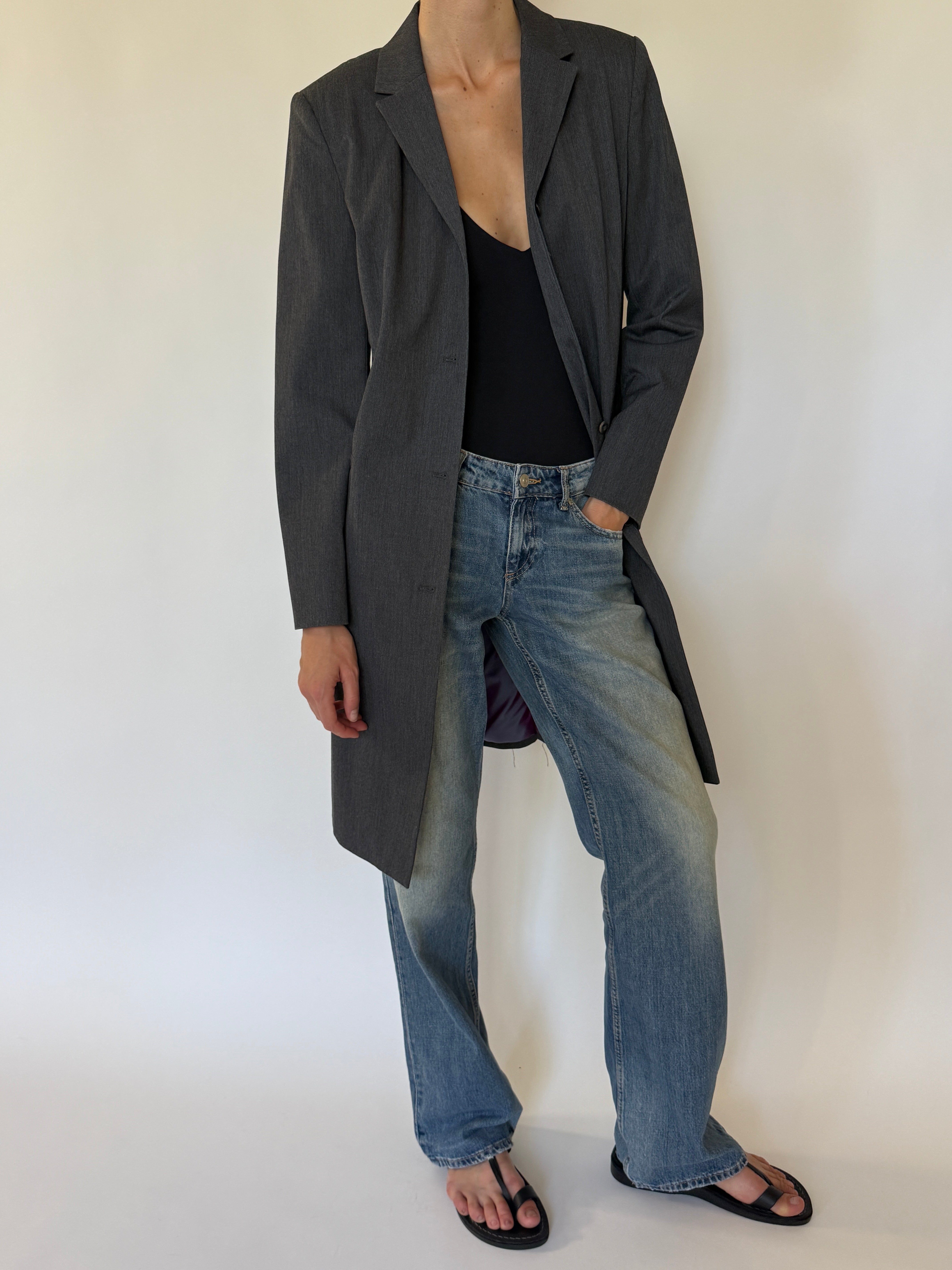 Vintage charcoal longline coat front view