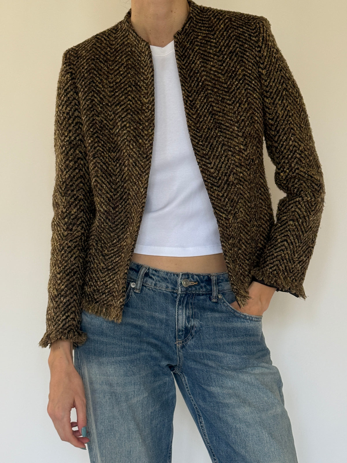 Vintage brown herringbone fringe jacket front view