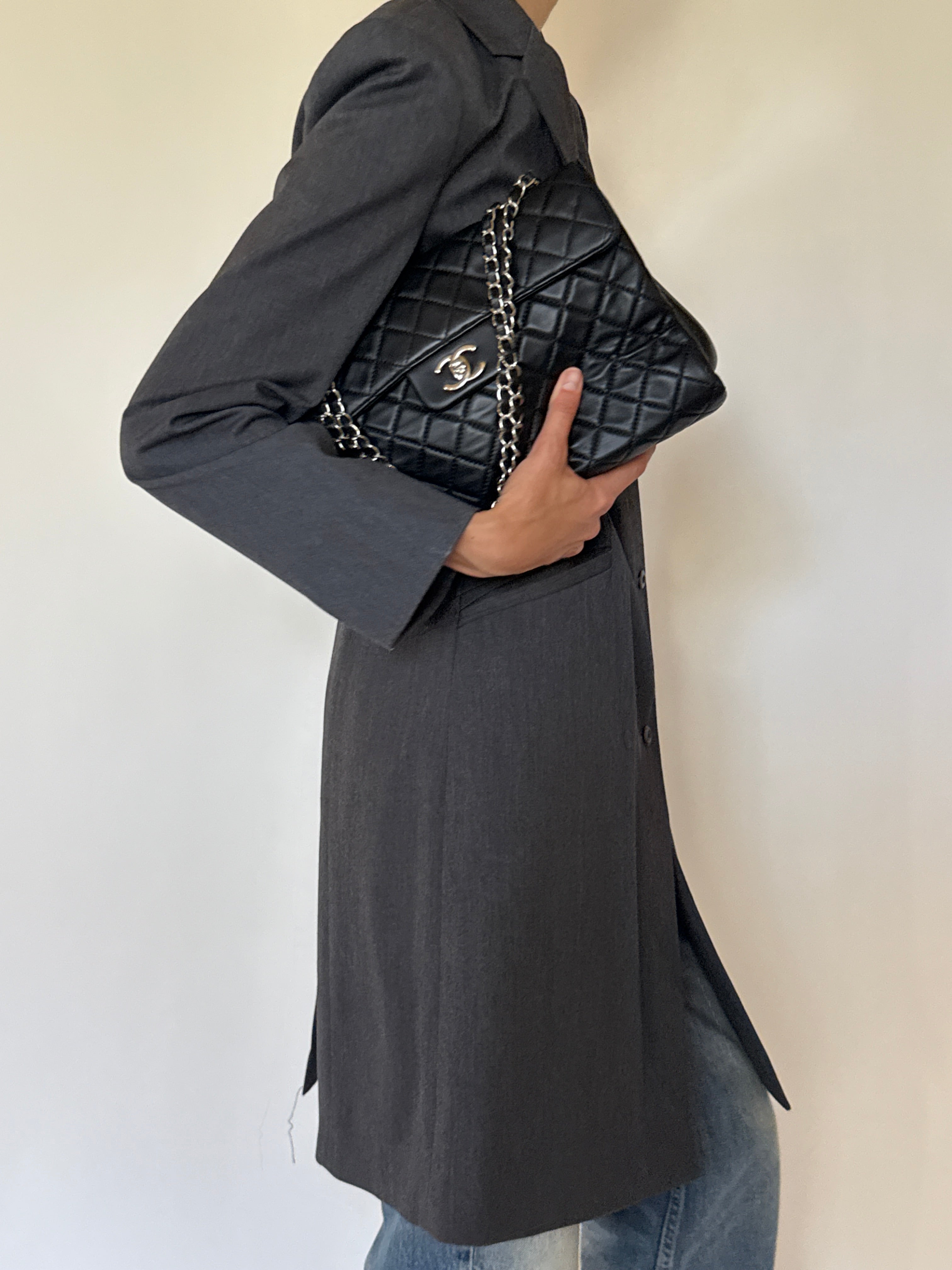 Vintage charcoal longline coat side view