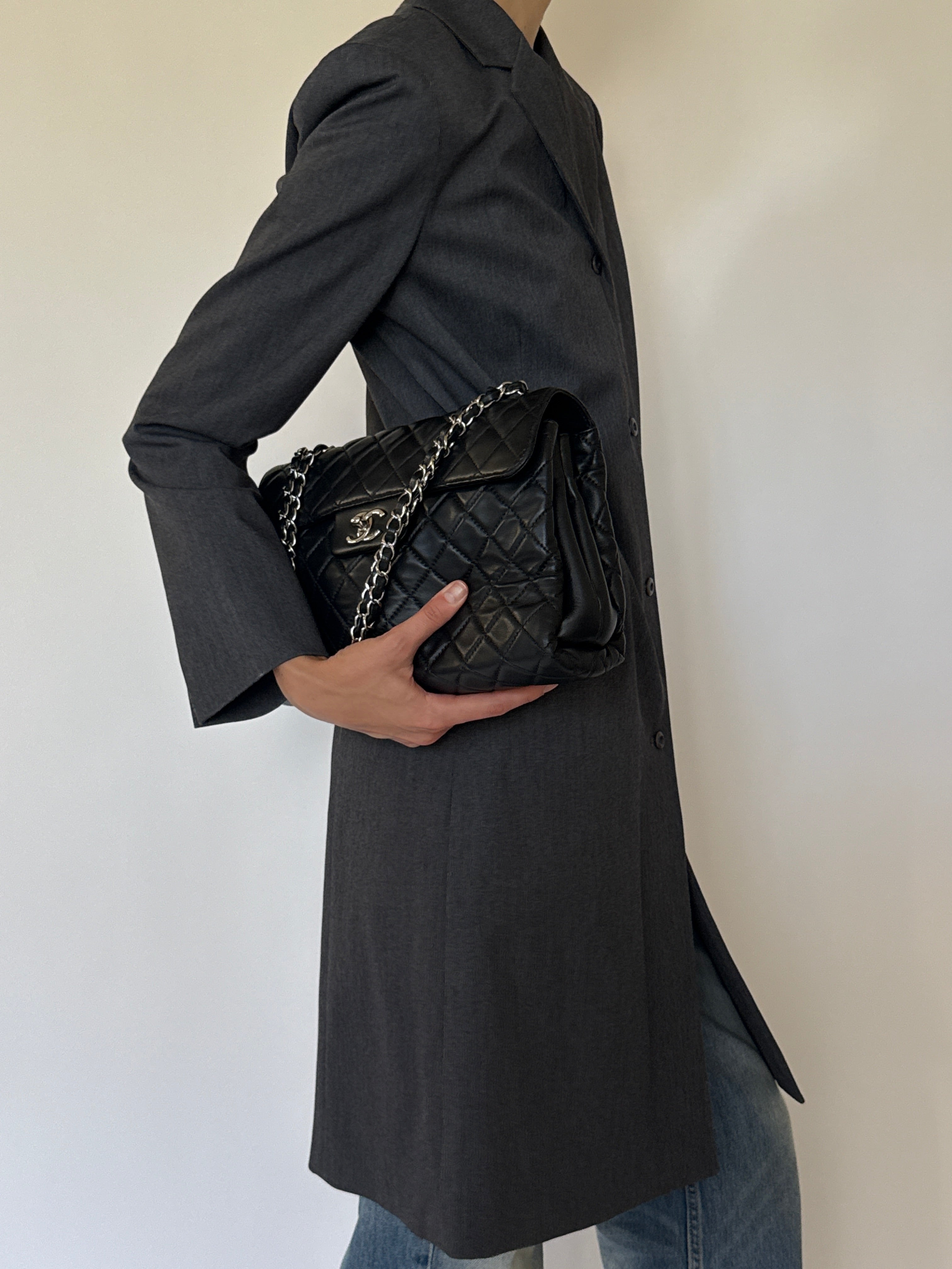 Vintage charcoal longline coat side view