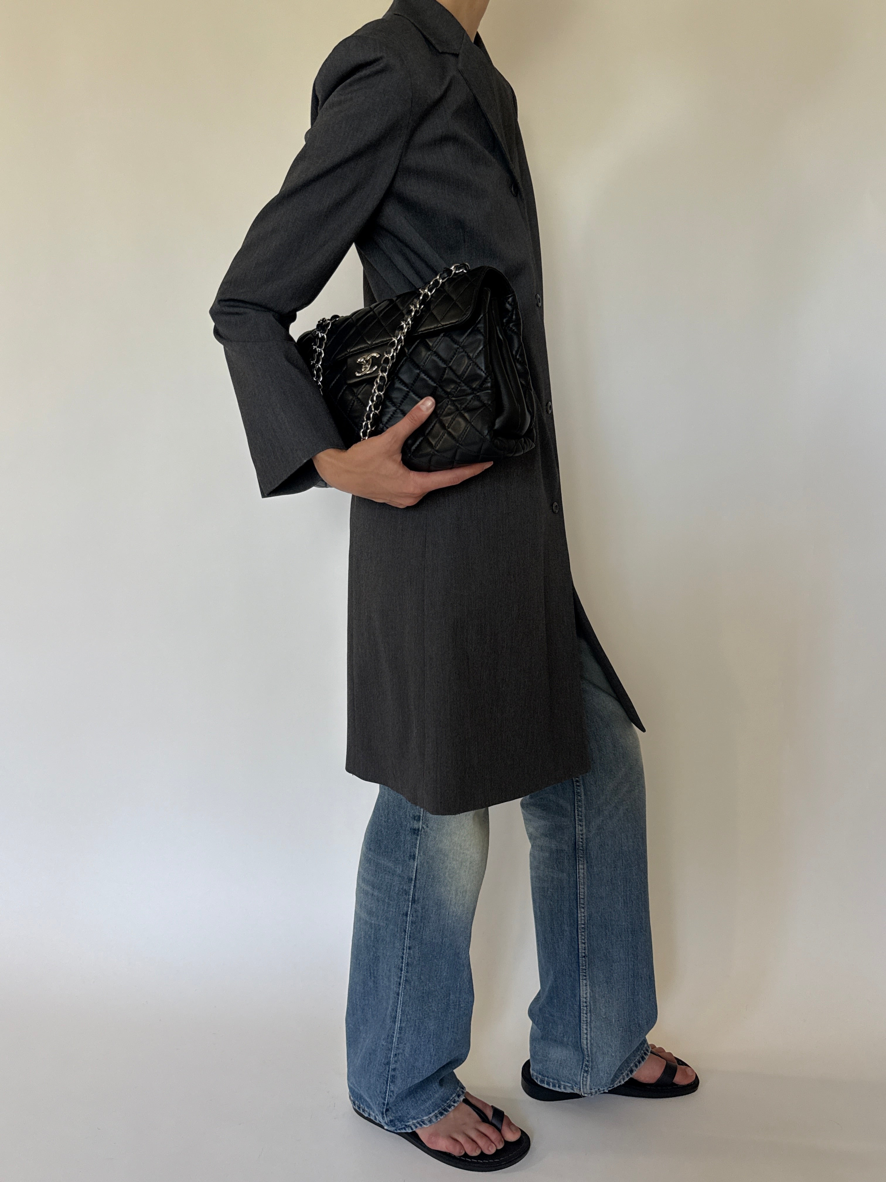 Vintage charcoal longline coat side view