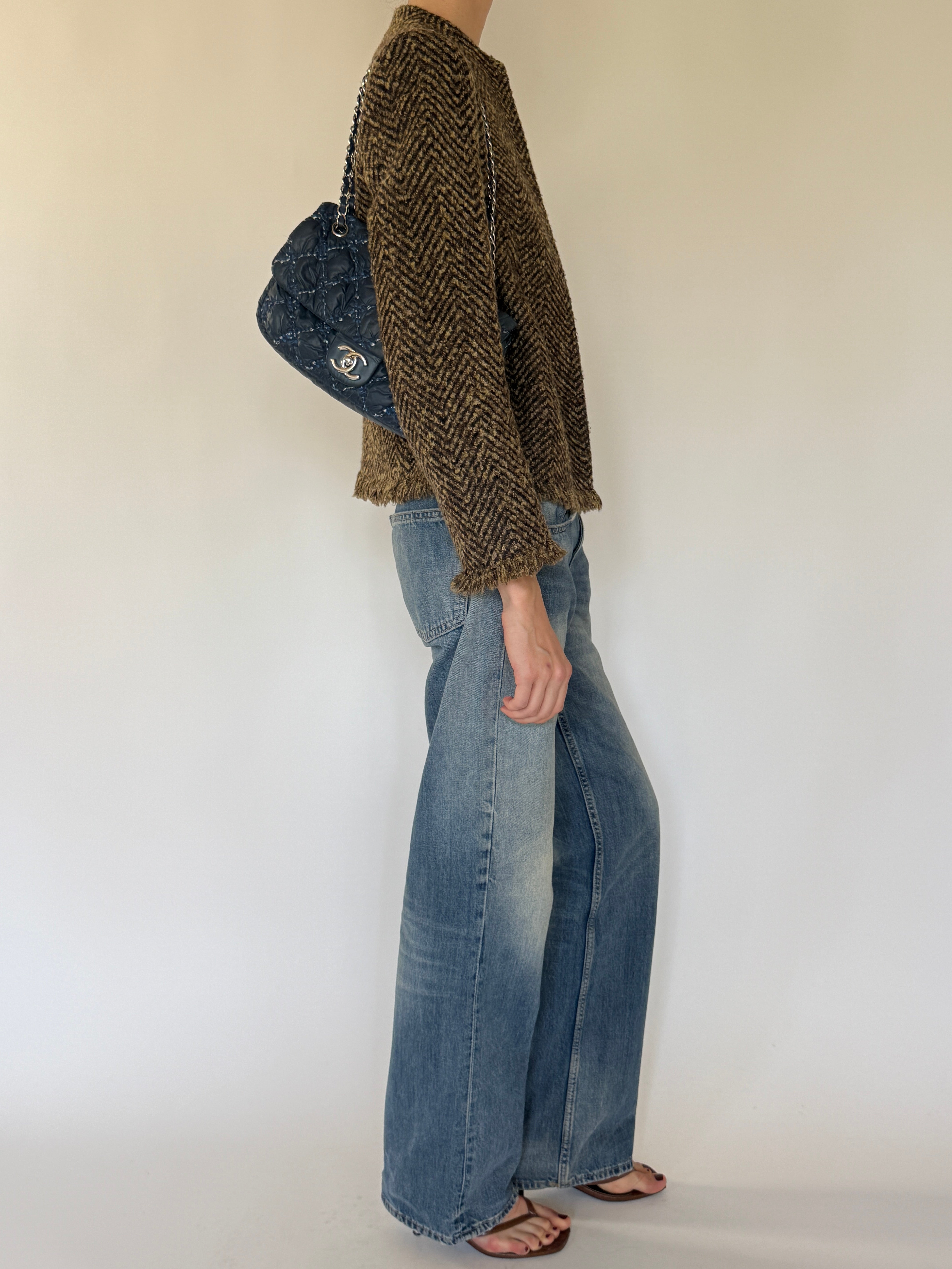 Vintage brown herringbone fringe jacket front view