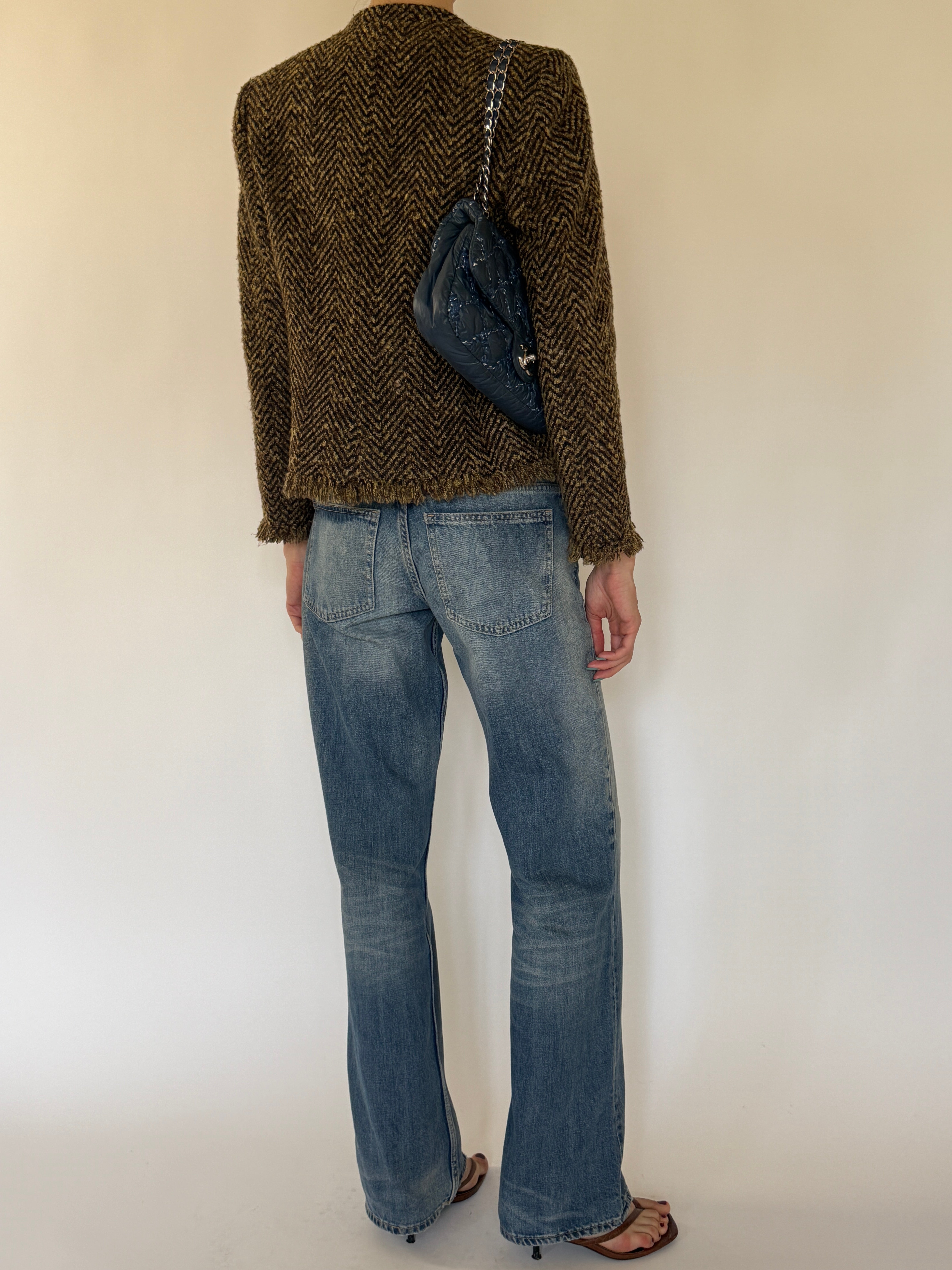 Vintage brown herringbone fringe jacket back view