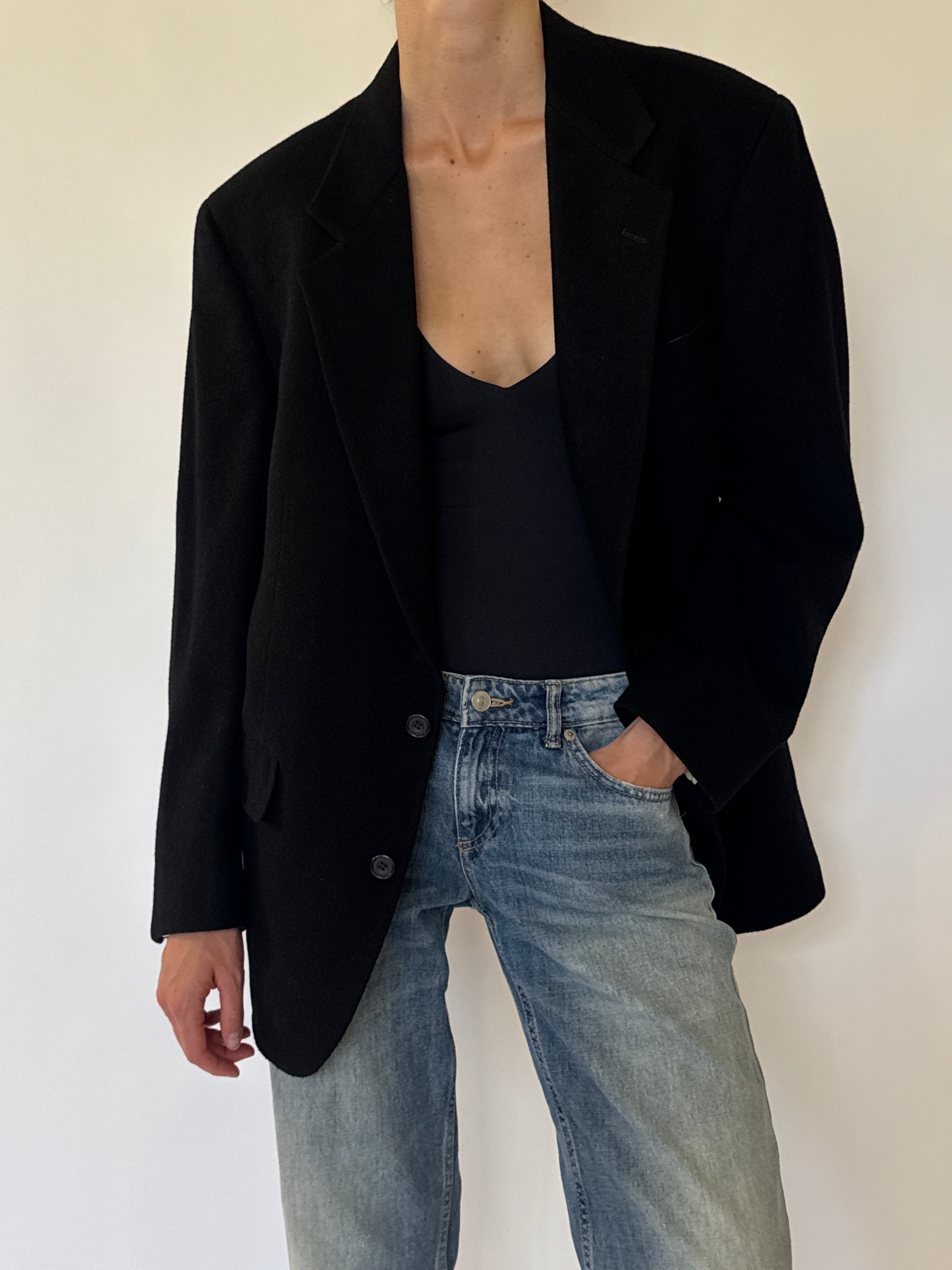 Vintage black camel hair blazer front view