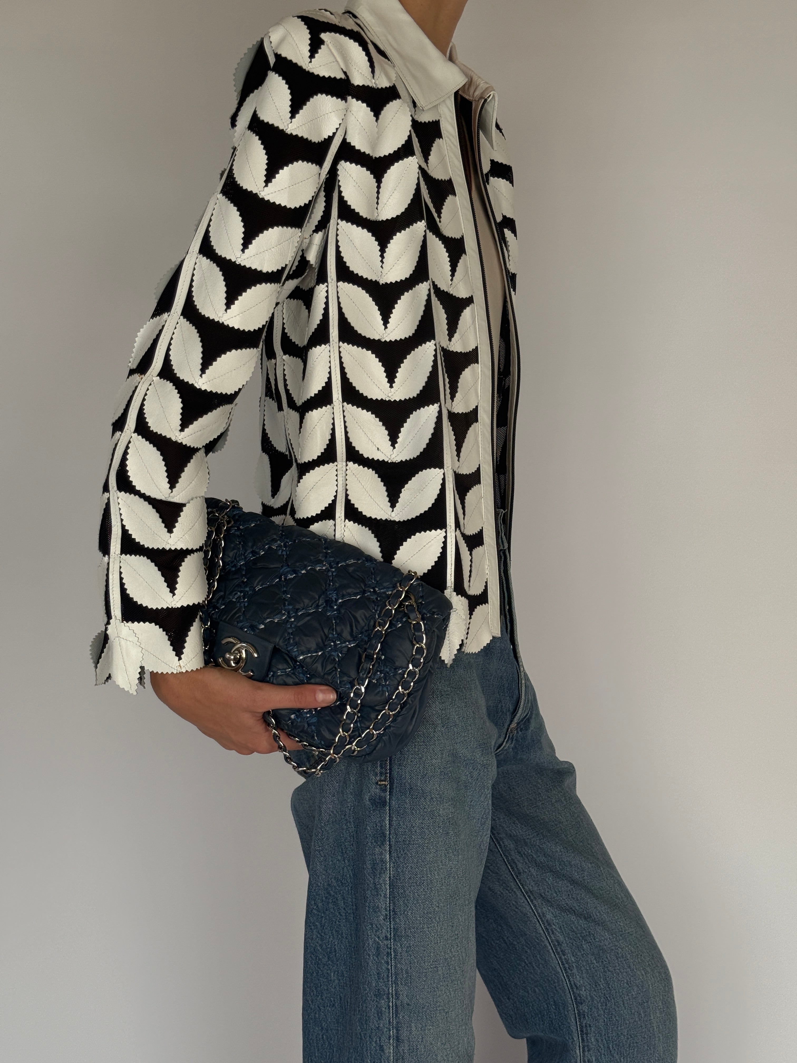 Vintage Leather Leaf Appliqué Jacket Black & White 7054