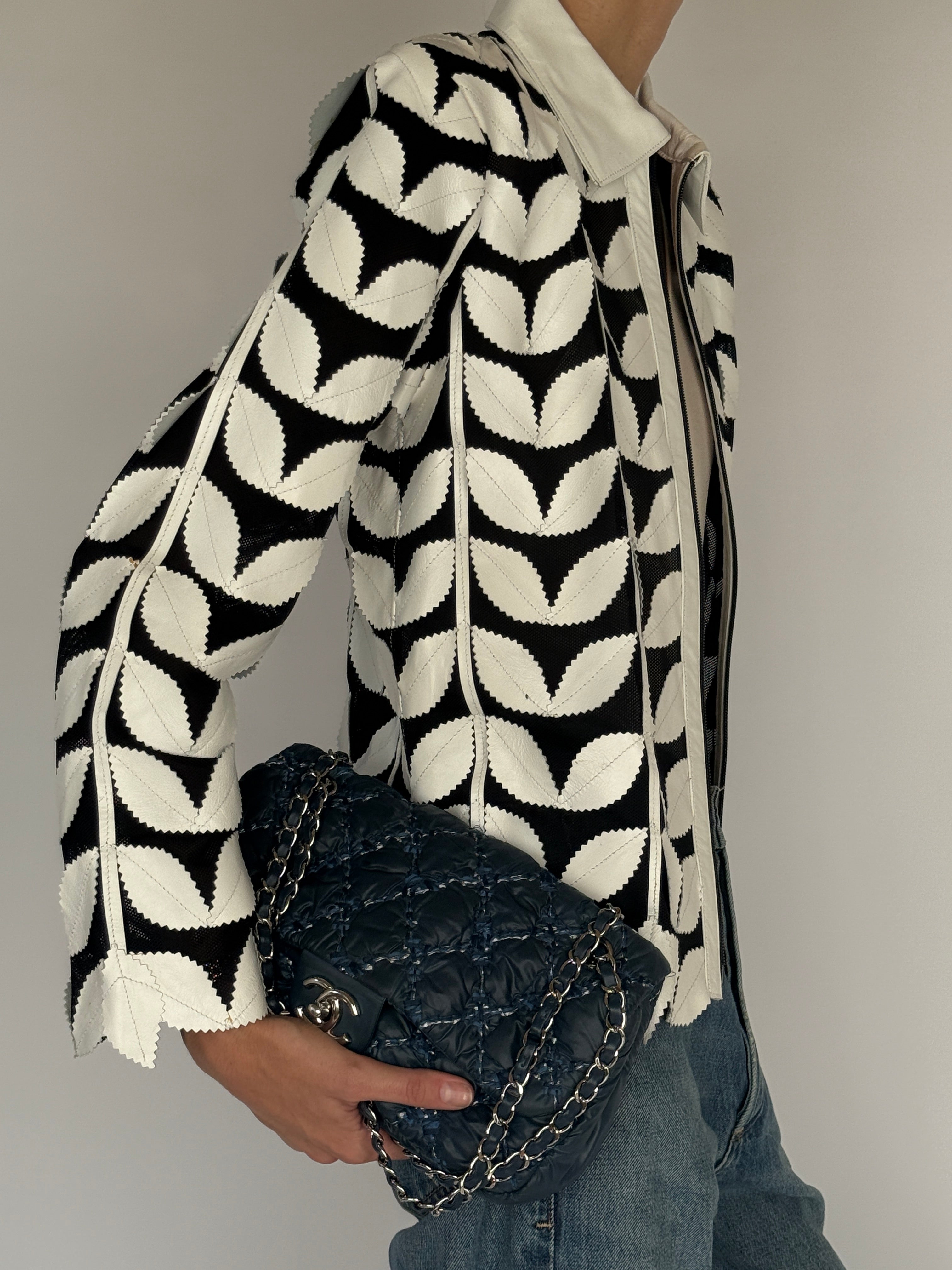 Vintage Leather Leaf Appliqué Jacket Black & White 7054