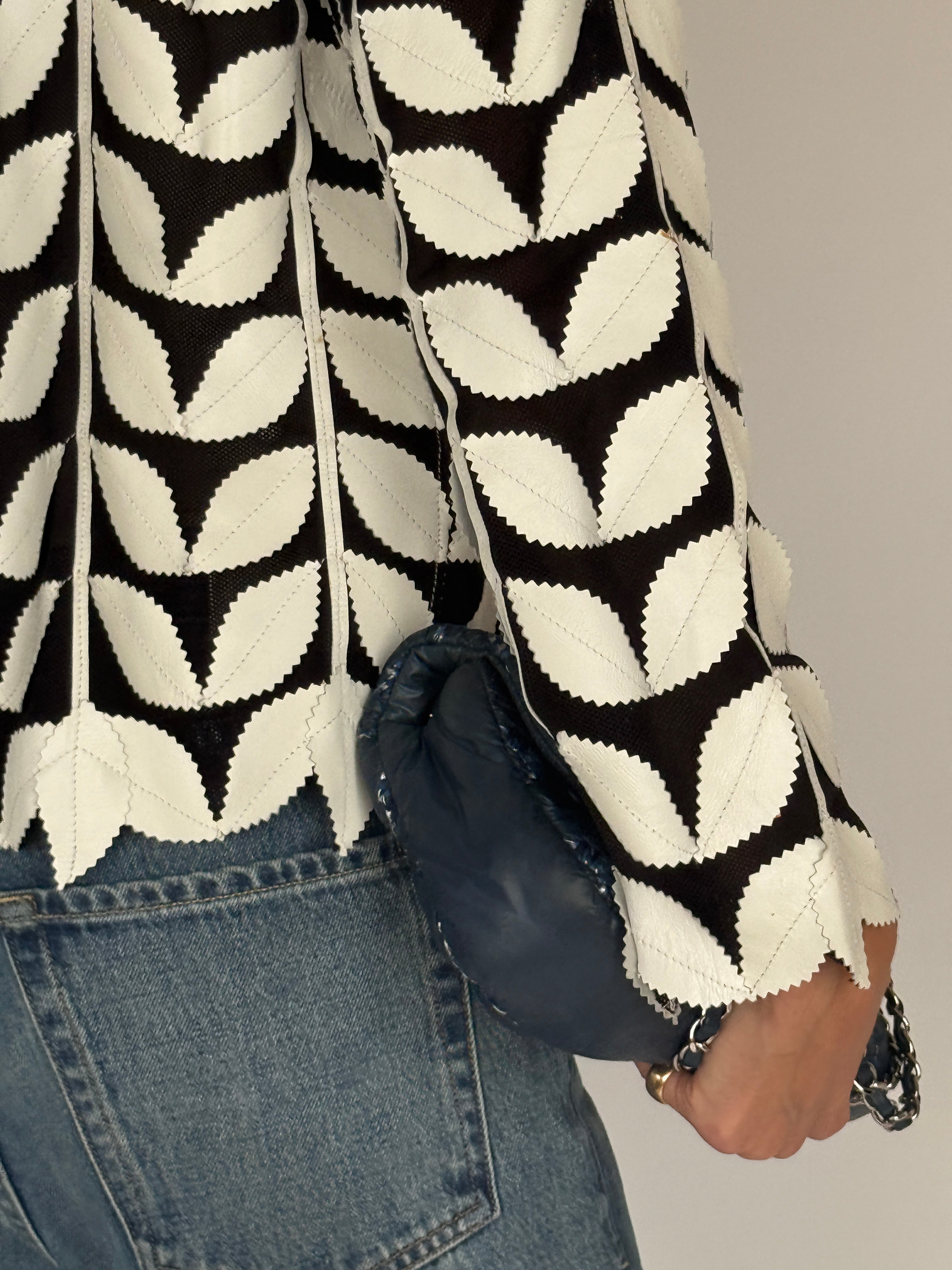 Vintage Leather Leaf Appliqué Jacket Black & White 7054