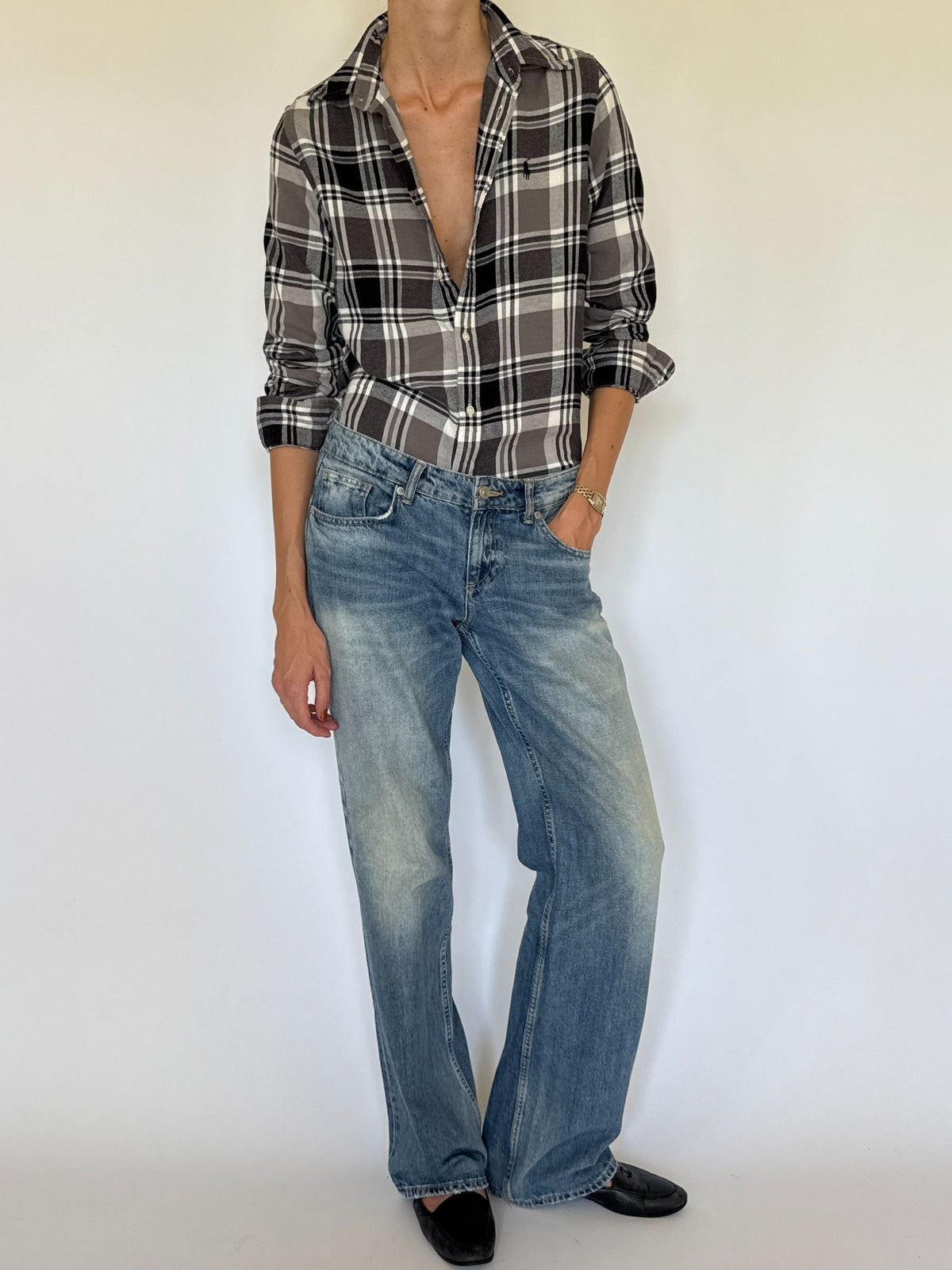 Vintage Ralph Lauren plaid shirt grey black and cream front view