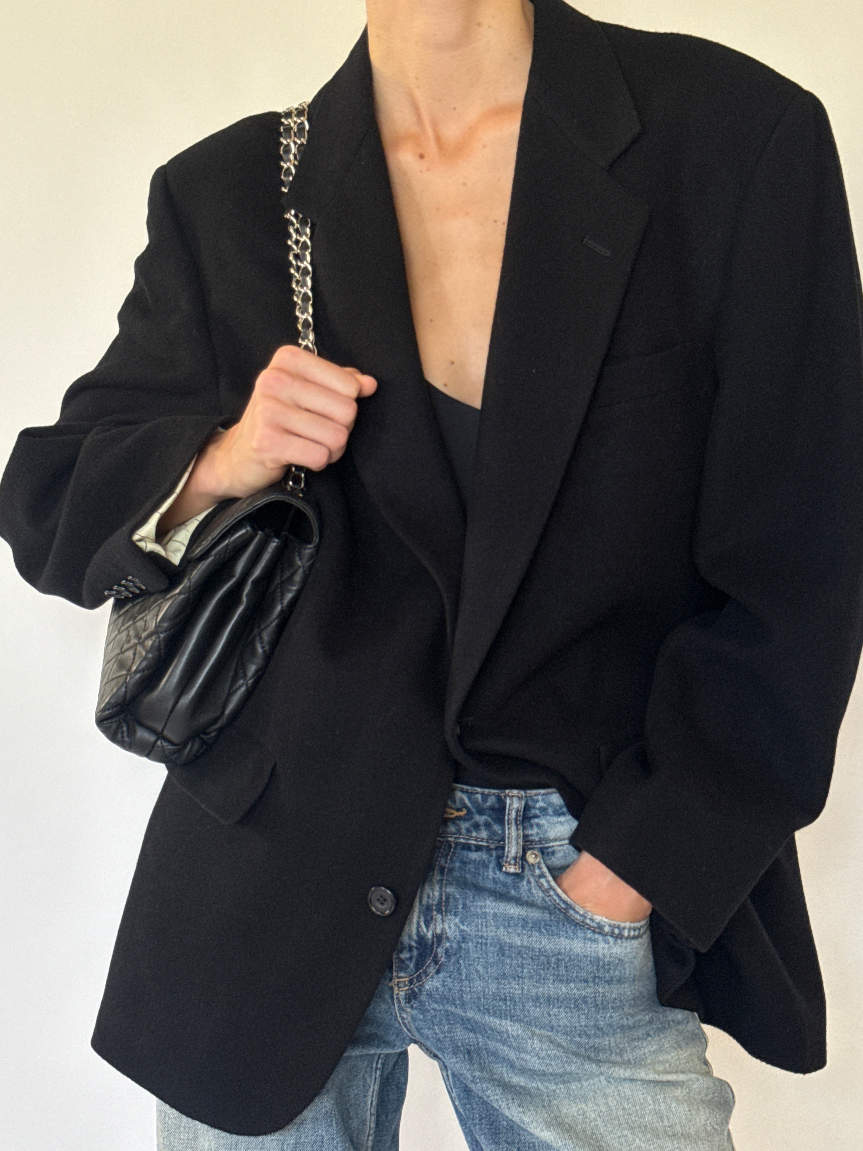 Vintage black camel hair blazer front view