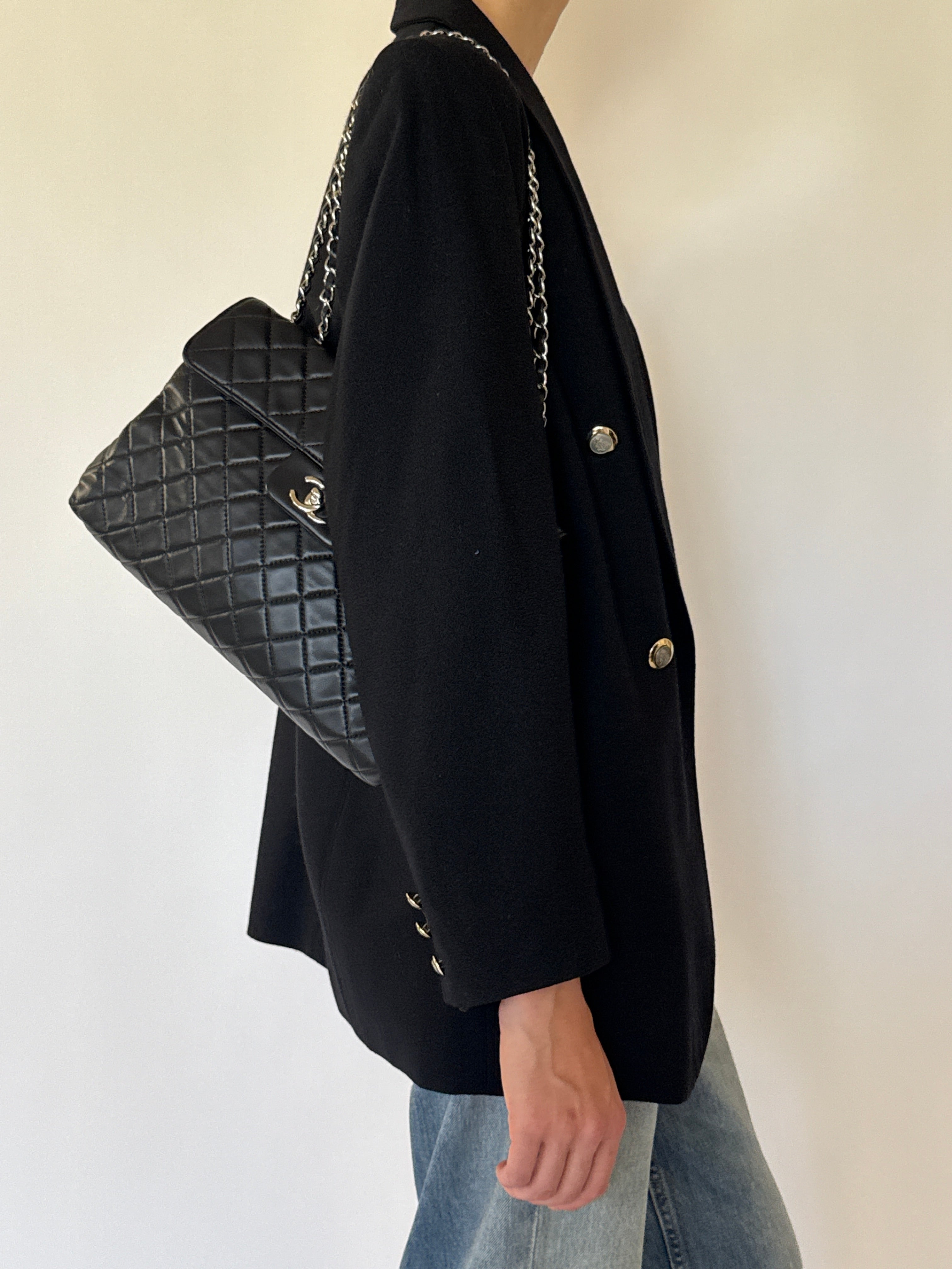 Vintage black double-breasted blazer side view