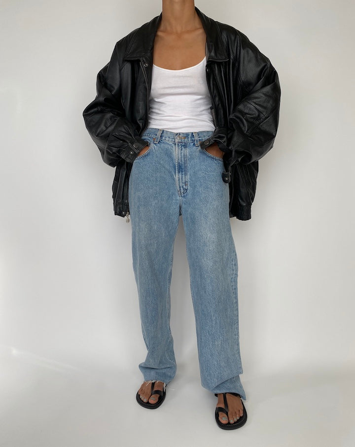 VINTAGE BLACK OVERSIZED BOXY LEATHER JACKET 2722