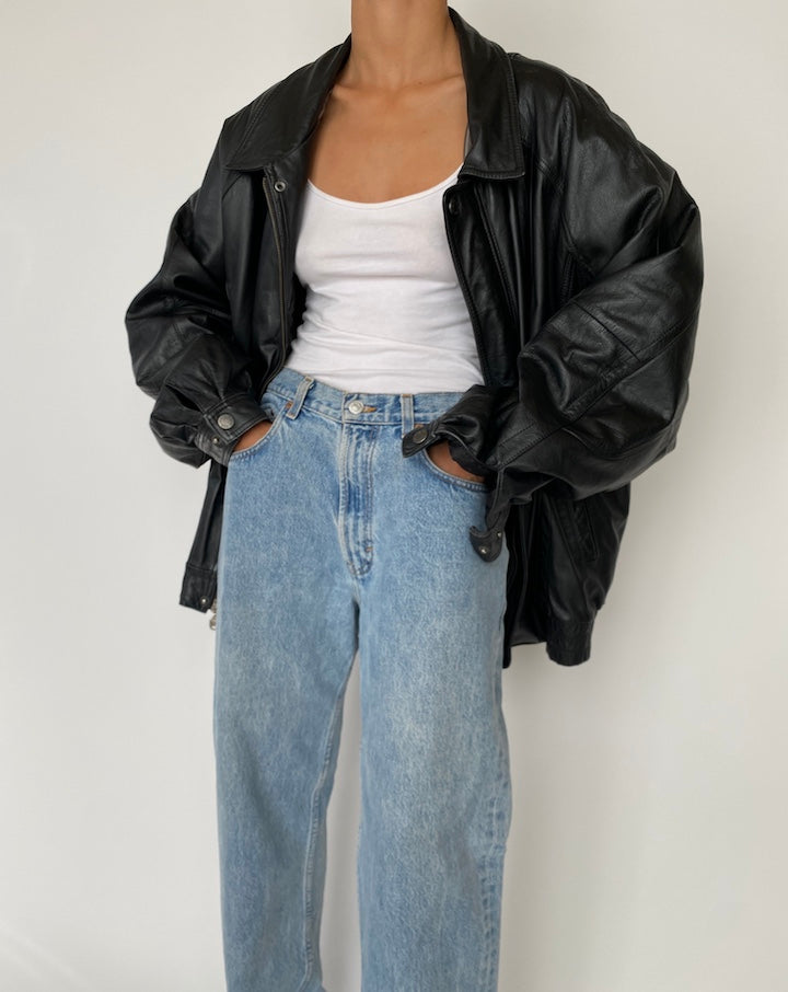 VINTAGE BLACK OVERSIZED BOXY LEATHER JACKET 2722