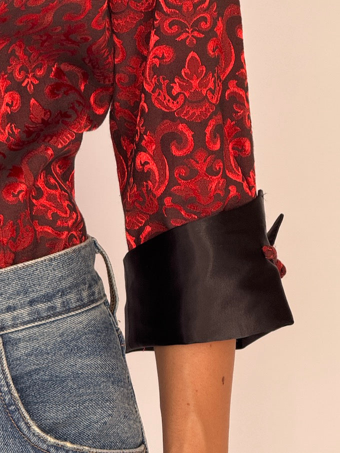 Vintage Red Satin Brocade Blouse