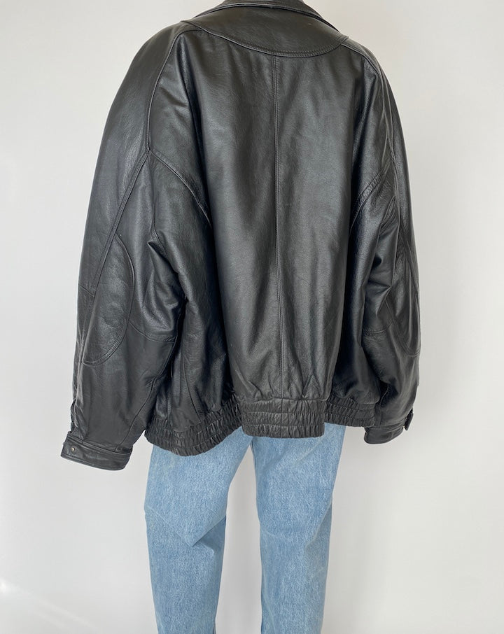 VINTAGE BLACK OVERSIZED BOXY LEATHER JACKET 2722
