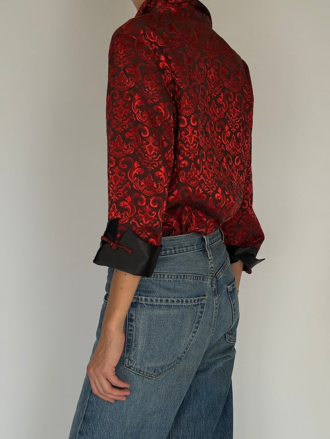 Vintage Red Satin Brocade Blouse