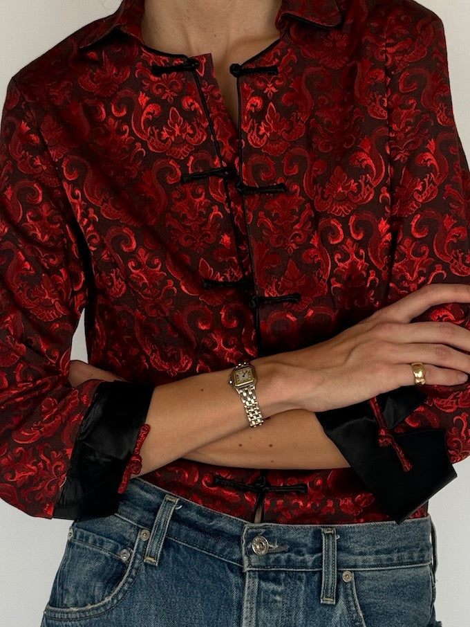 Vintage Red Satin Brocade Blouse