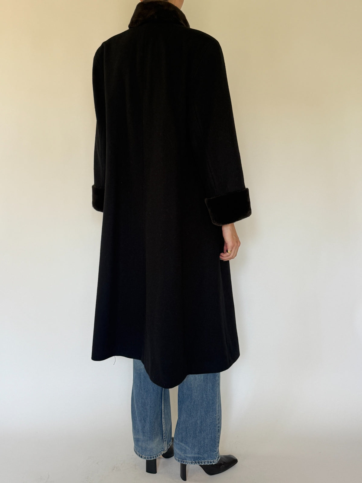 Vintage black wool coat back view