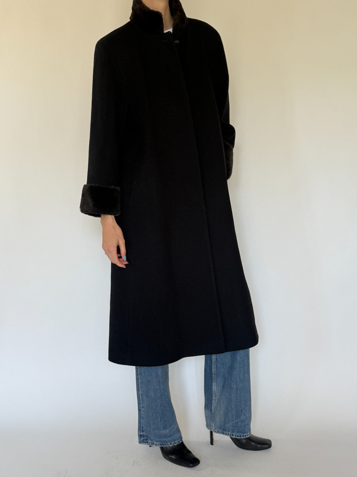 Vintage black wool coat faux fur cuff detail