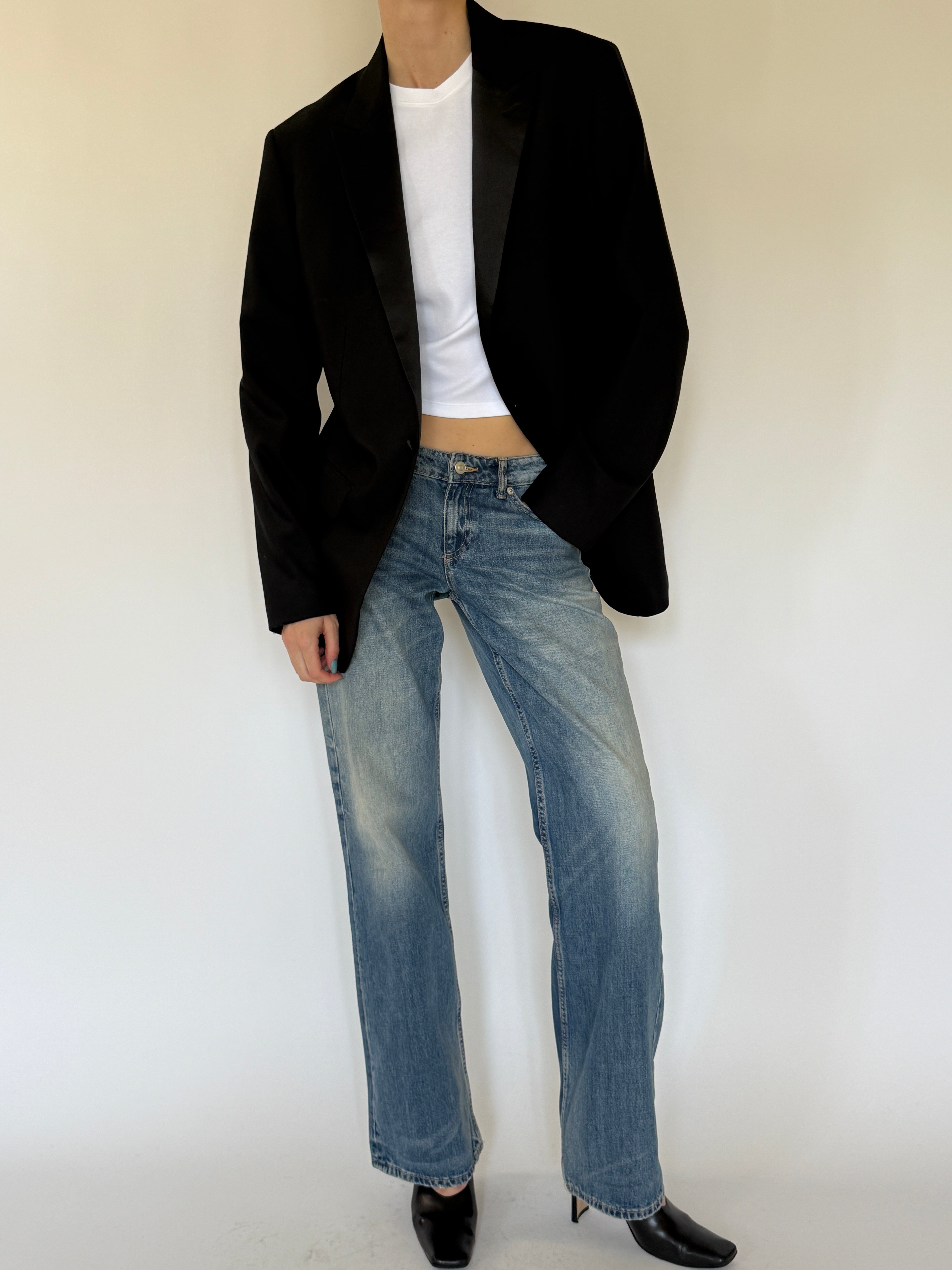 Vintage black wool tuxedo blazer front view