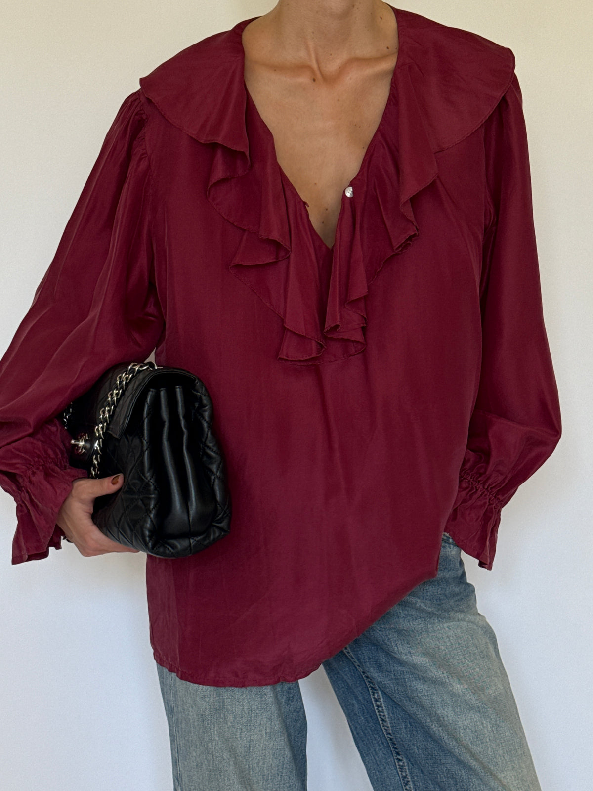 Vintage burgundy 100% silk ruffle blouse front view