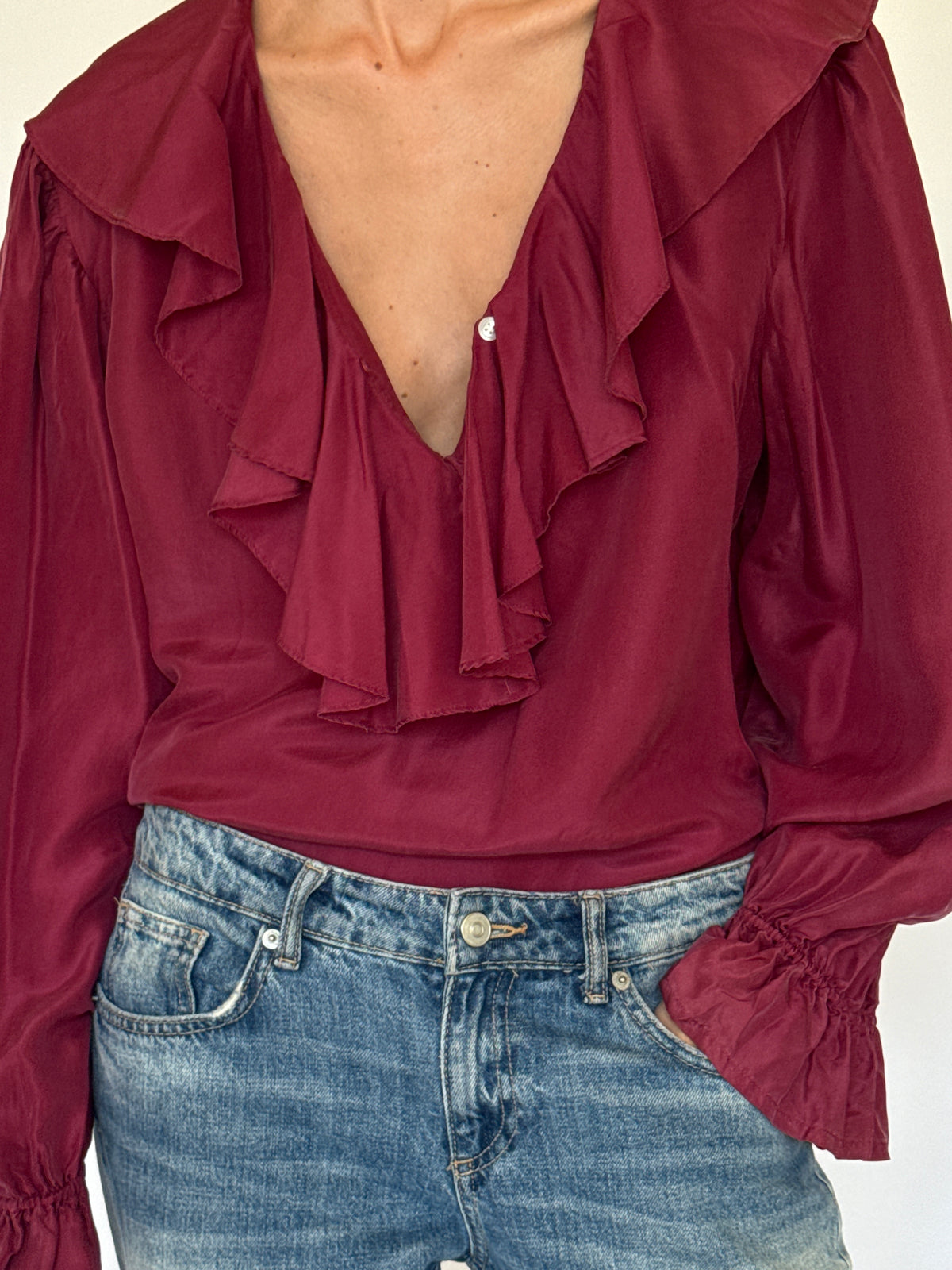 Vintage burgundy 100% silk fabric close-up