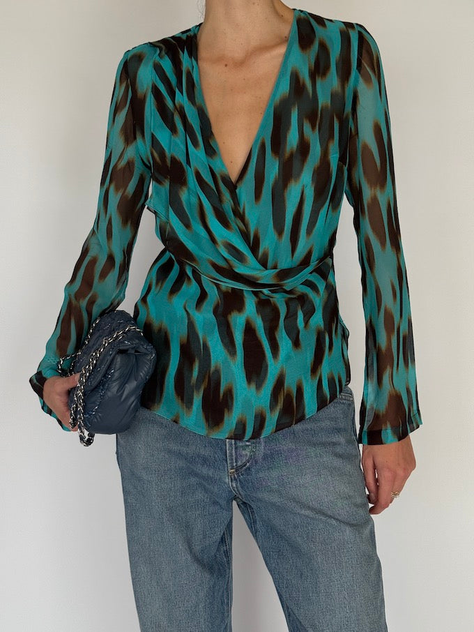 Vintage Animal Printed 100% Silk Wrap Blouse 6561
