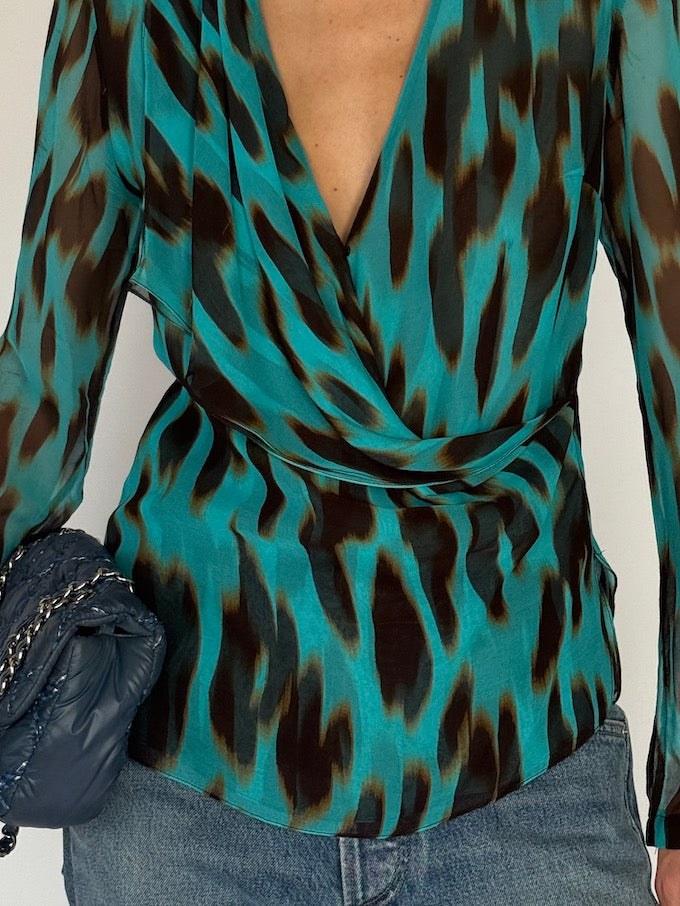 Vintage Animal Printed 100% Silk Wrap Blouse 6561