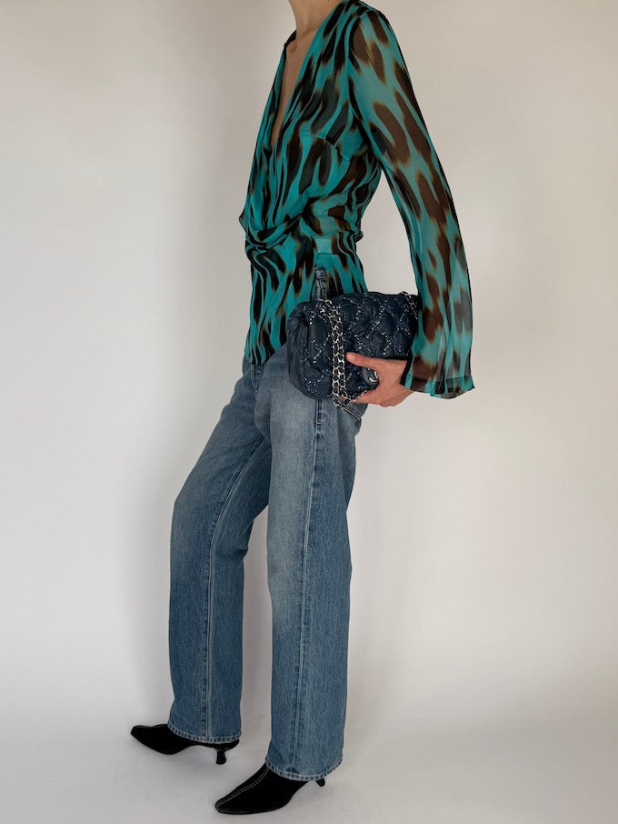 Vintage Animal Printed 100% Silk Wrap Blouse 6561