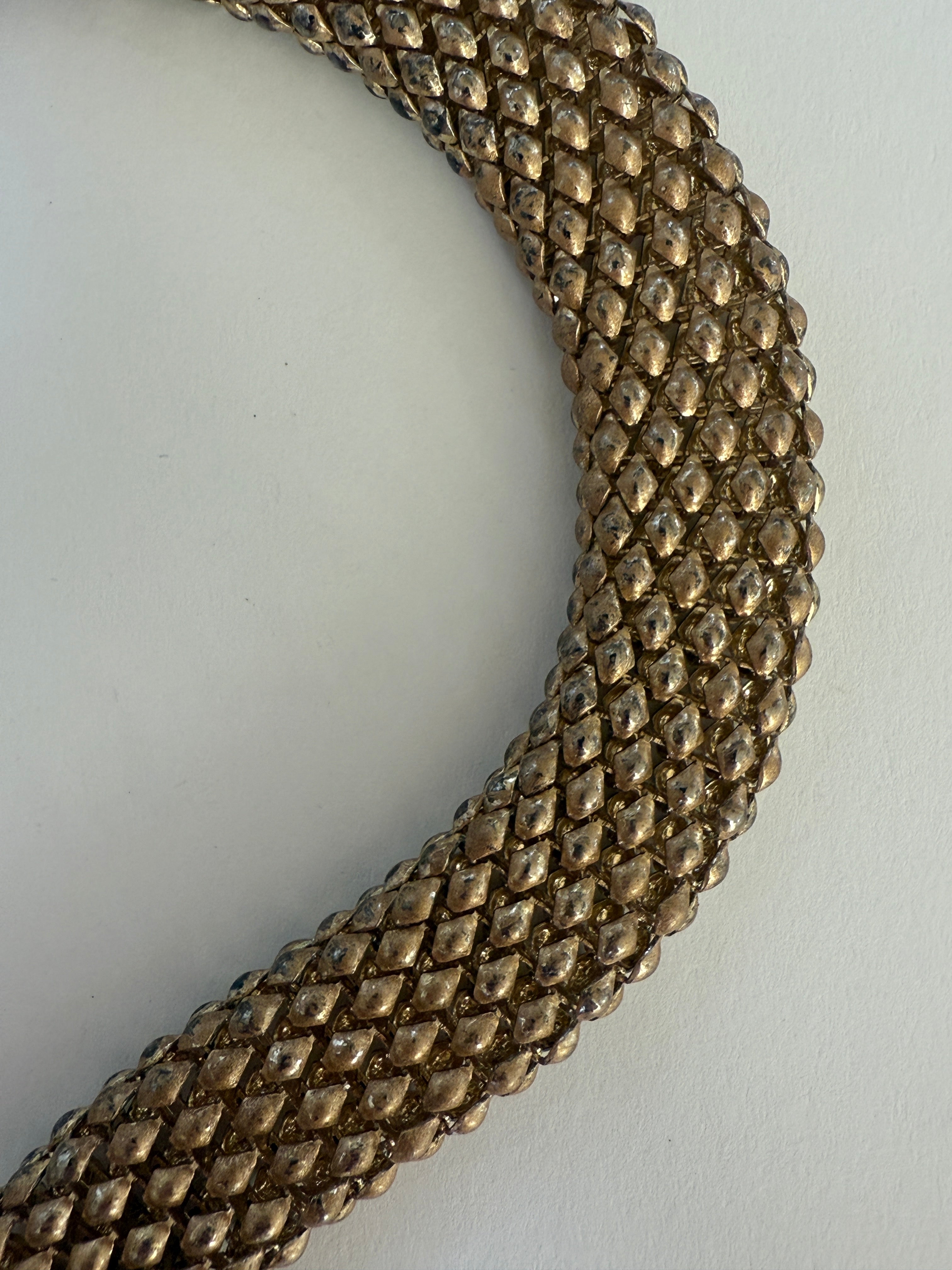Vintage gold-tone woven mesh necklace detail view
