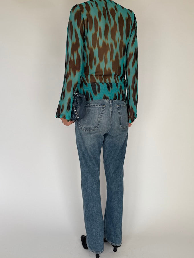 Vintage Animal Printed 100% Silk Wrap Blouse 6561