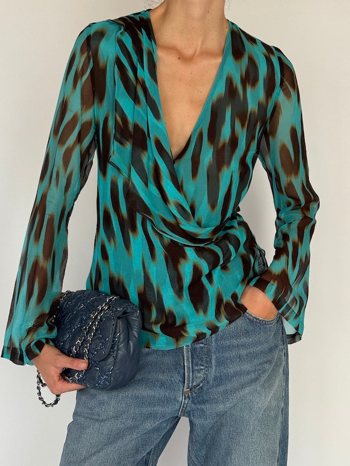 Vintage Animal Printed 100% Silk Wrap Blouse 6561