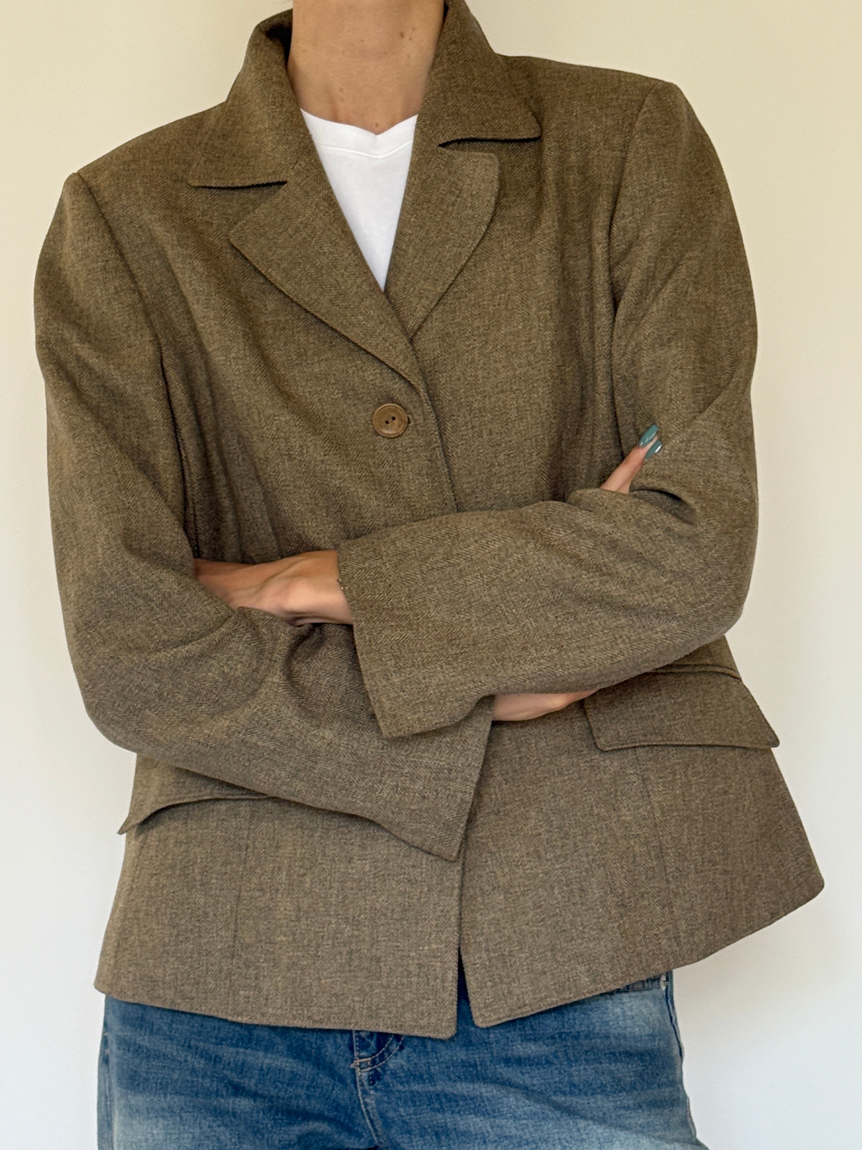 Vintage taupe herringbone blazer front view