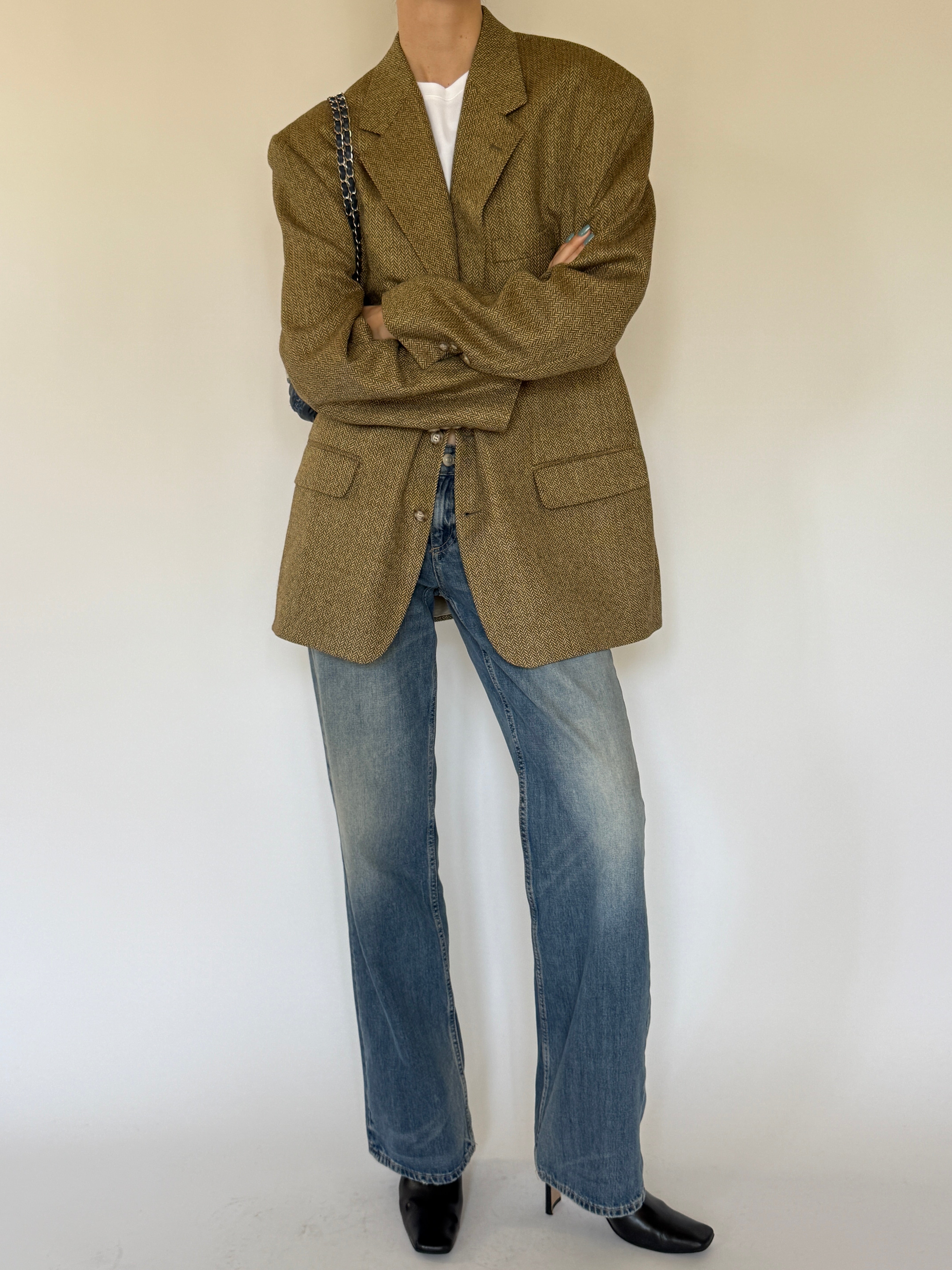 Vintage camel herringbone blazer angled front view