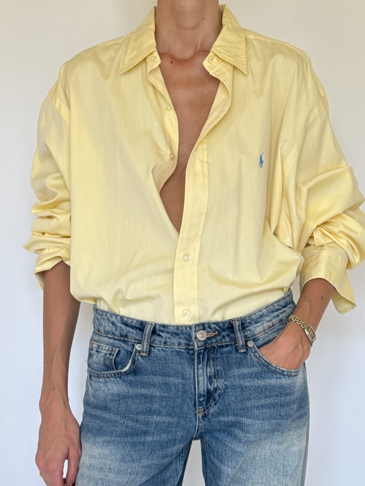 Vintage Ralph Lauren oversized yellow cotton shirt front view