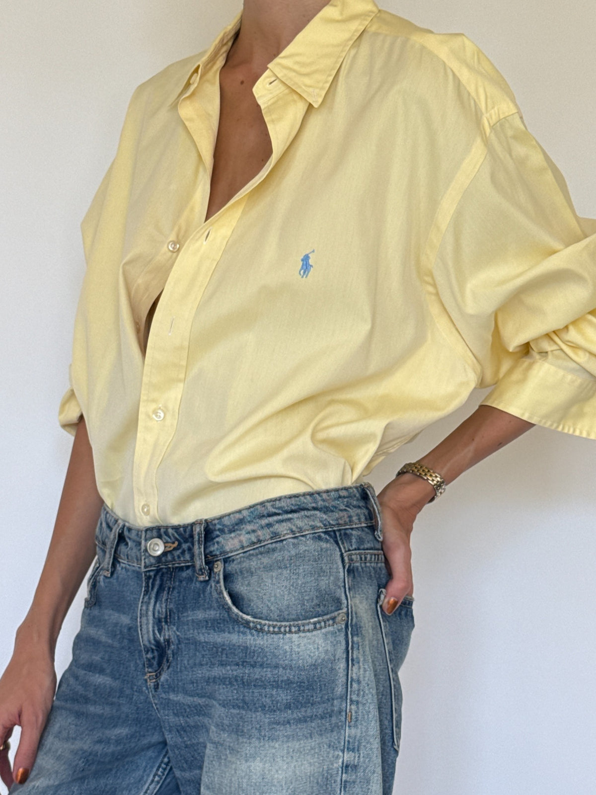 Vintage Ralph Lauren oversized yellow cotton shirt fabric and logo detail