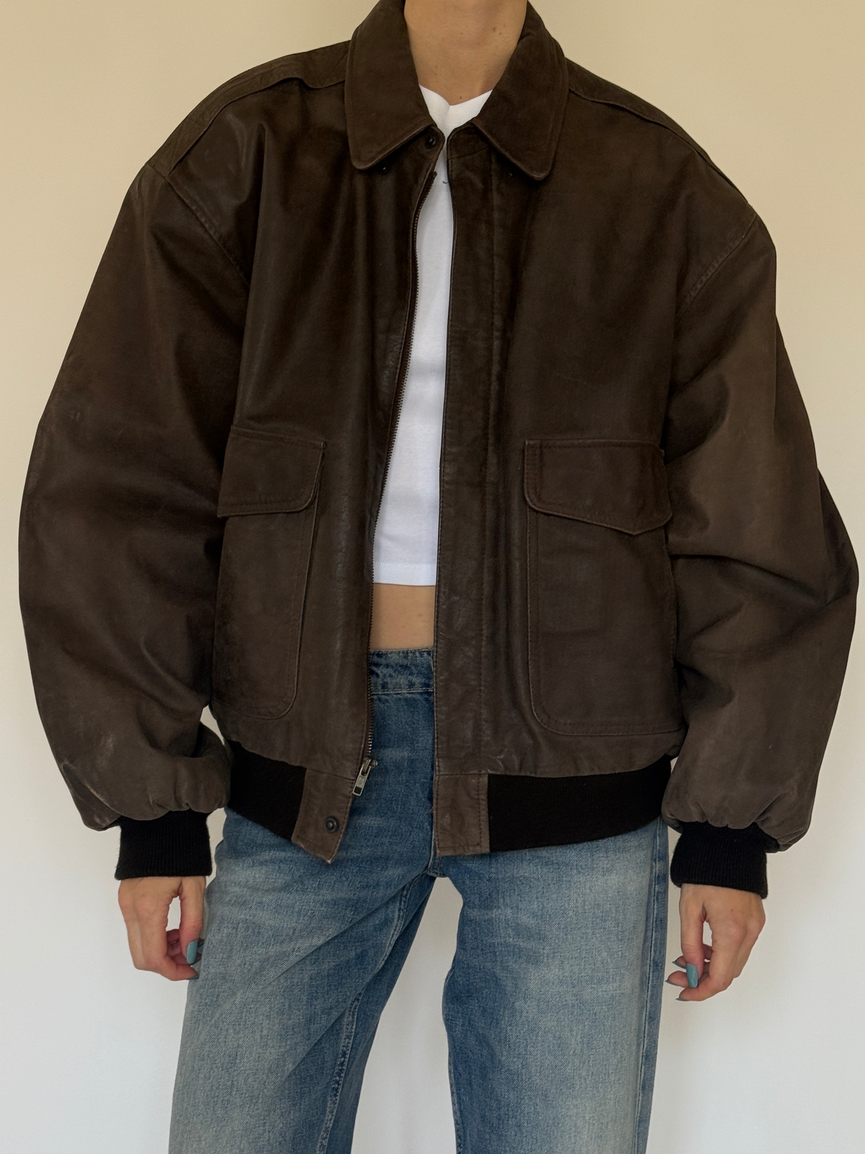 Vintage oversized leather bomber jacket front view brown
