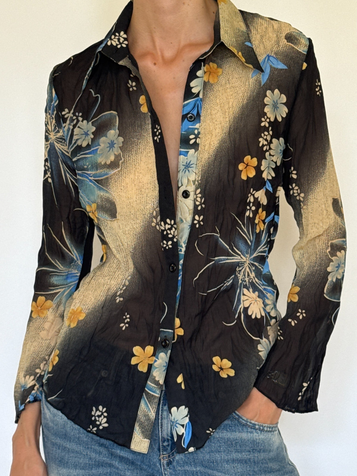 Vintage floral shirt fabric and print close-up