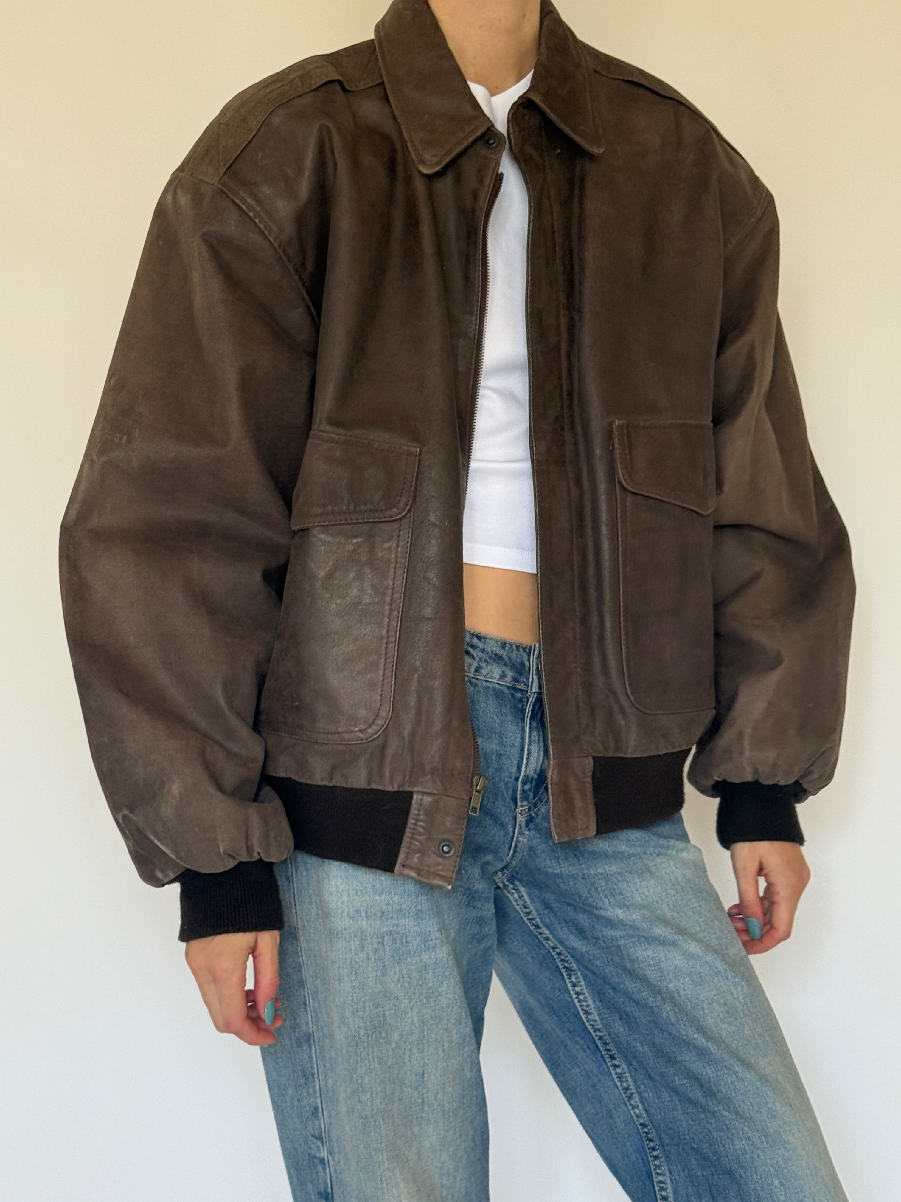 Vintage oversized leather bomber jacket side view brown