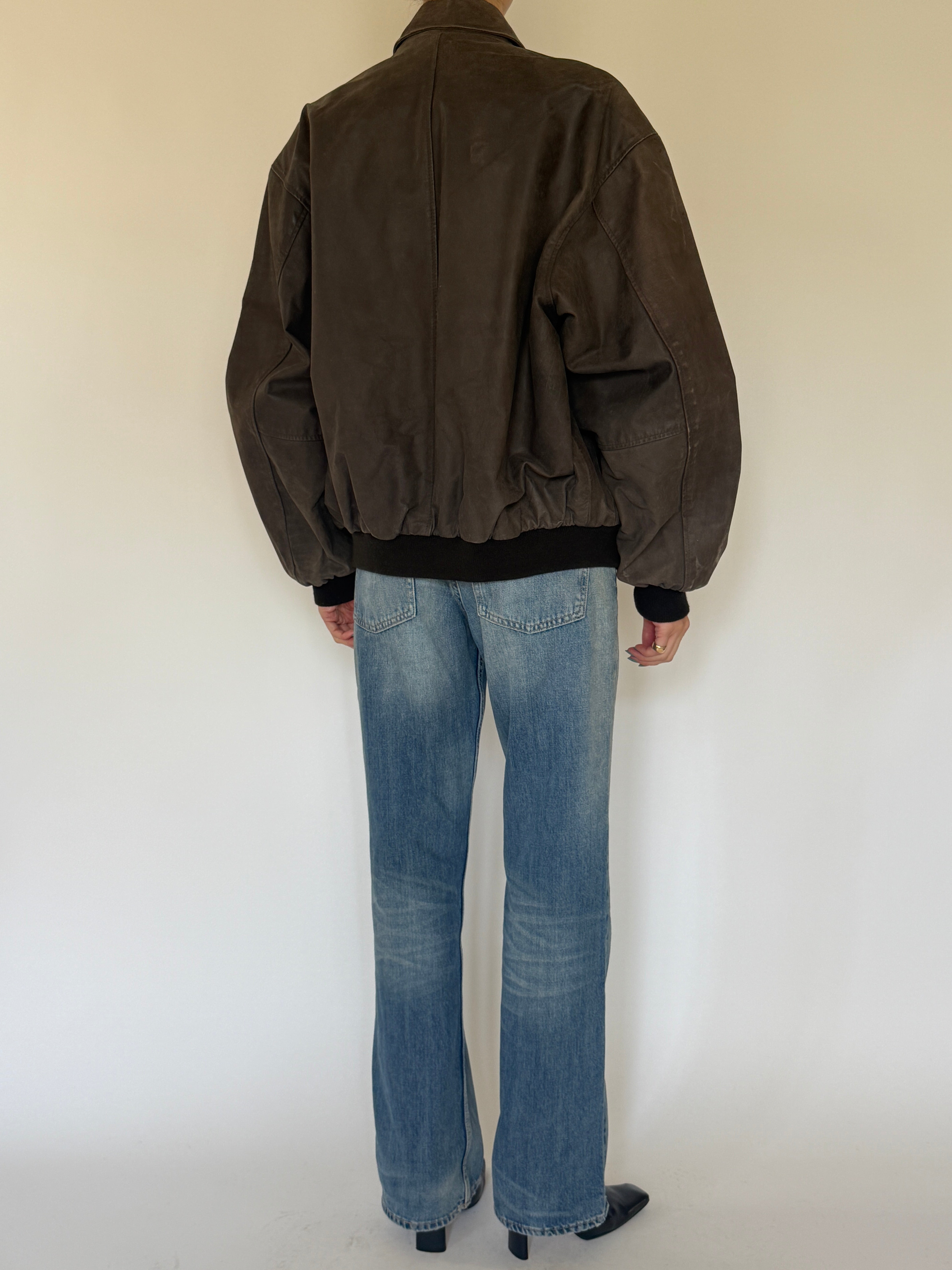 Vintage oversized leather bomber jacket back view brown