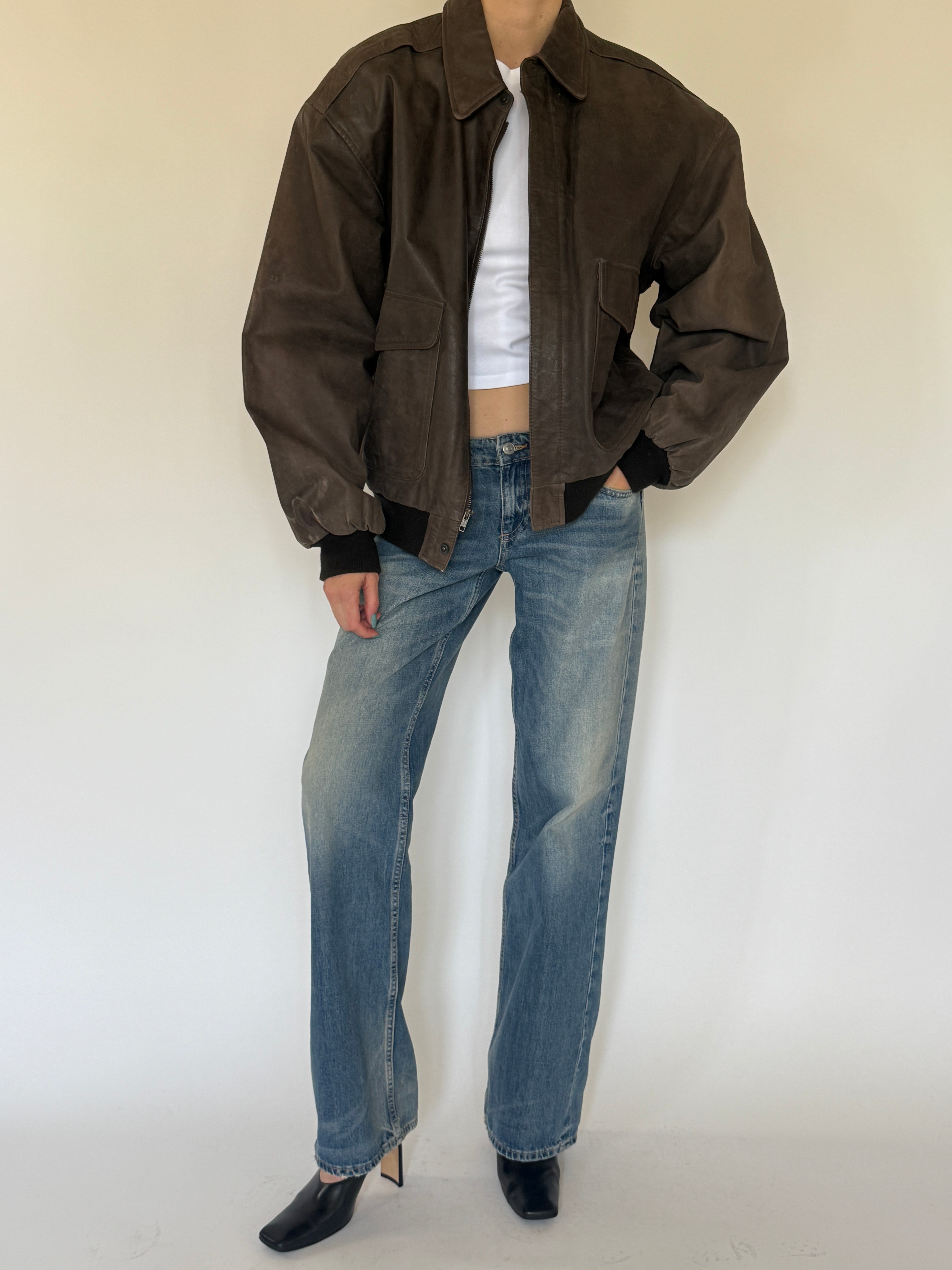 Vintage oversized leather bomber jacket front view brown