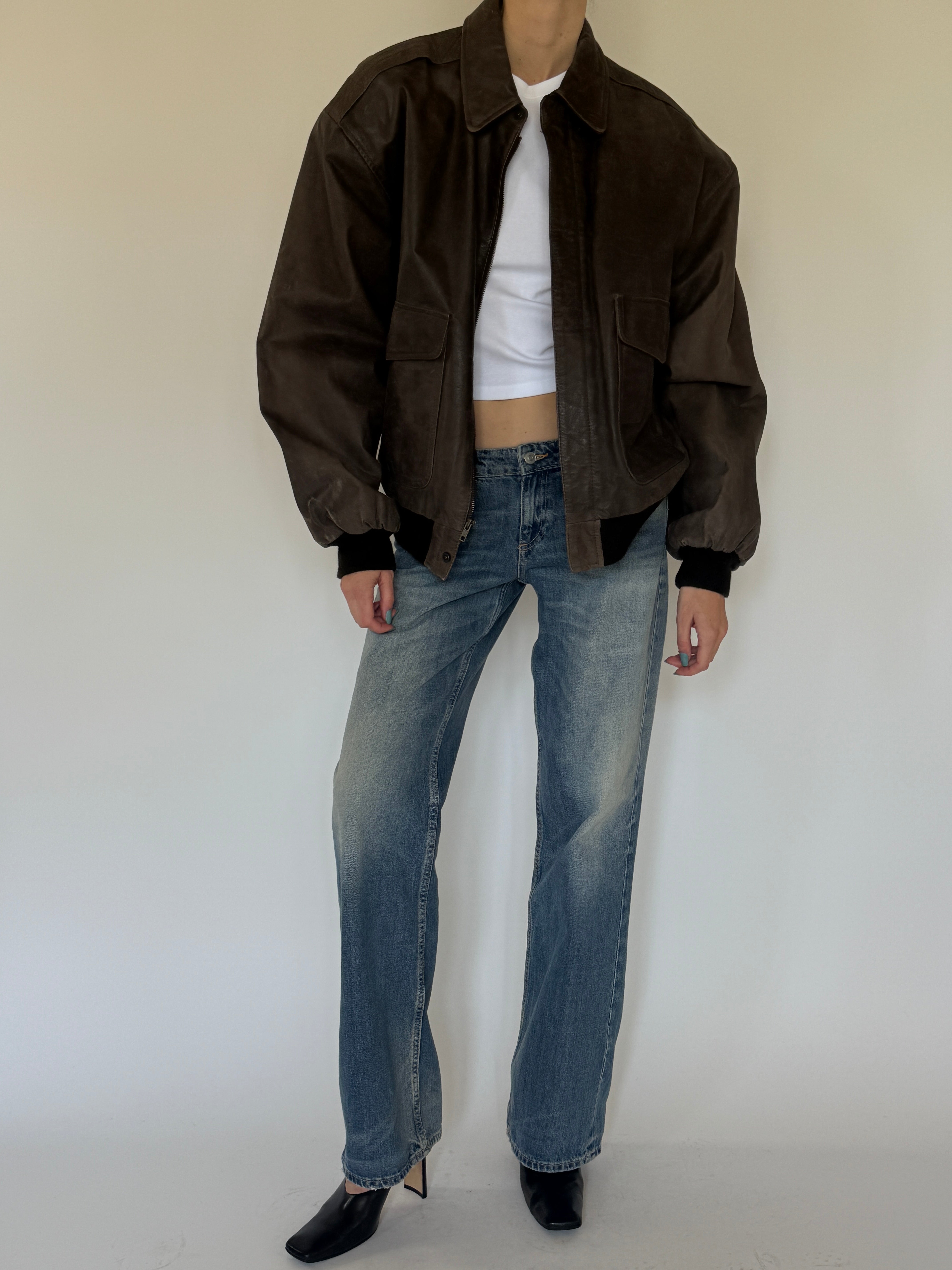 Vintage oversized leather bomber jacket front view brown