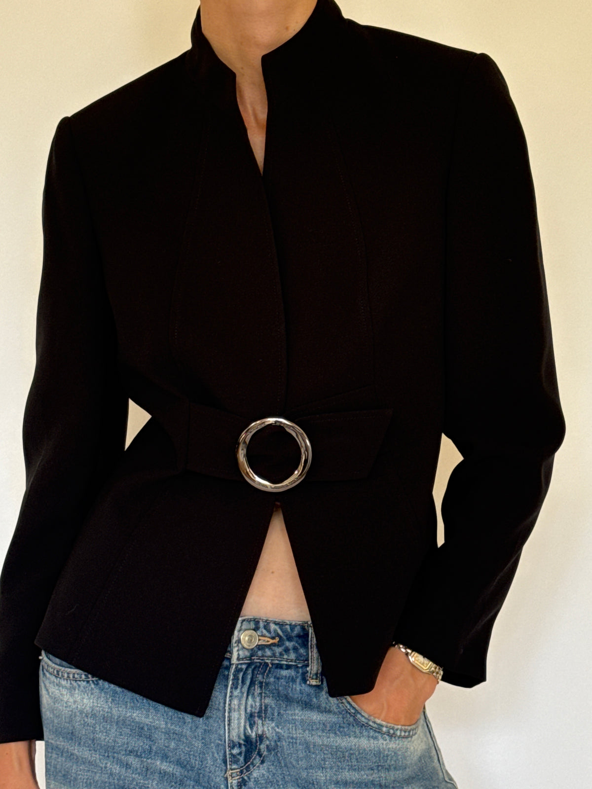 Vintage black belted sculpted jacket front view