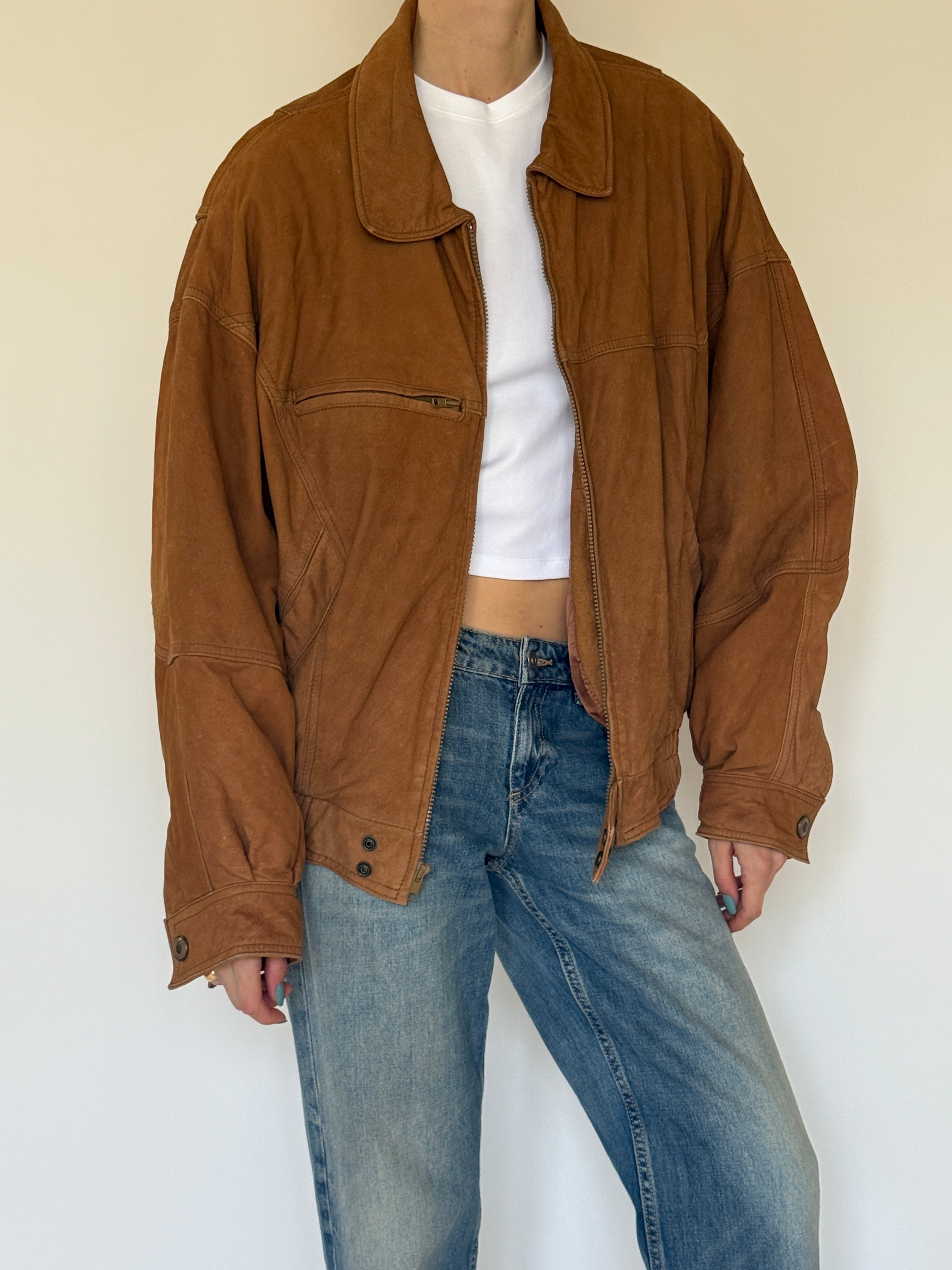 Vintage oversized cognac brown leather bomber jacket side view